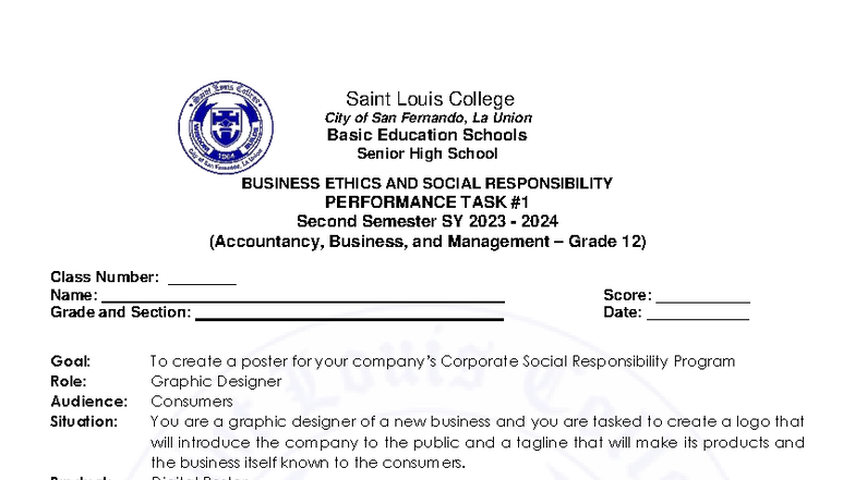 Business Ethics and Social Responsibility Performance Task (ABM 12 ...