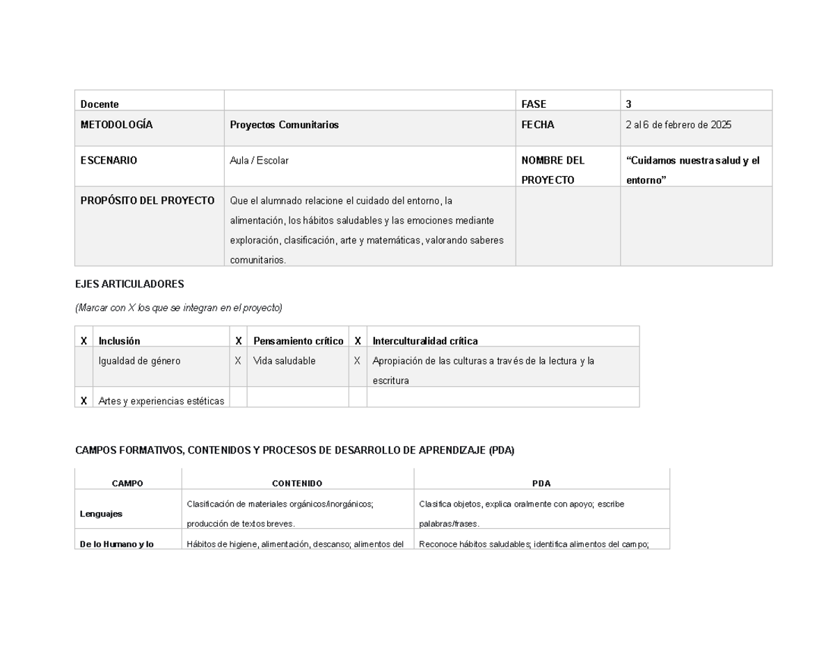Planeación Didáctica FASE 3: Proyectos Comunitarios 1er Grado - Studocu