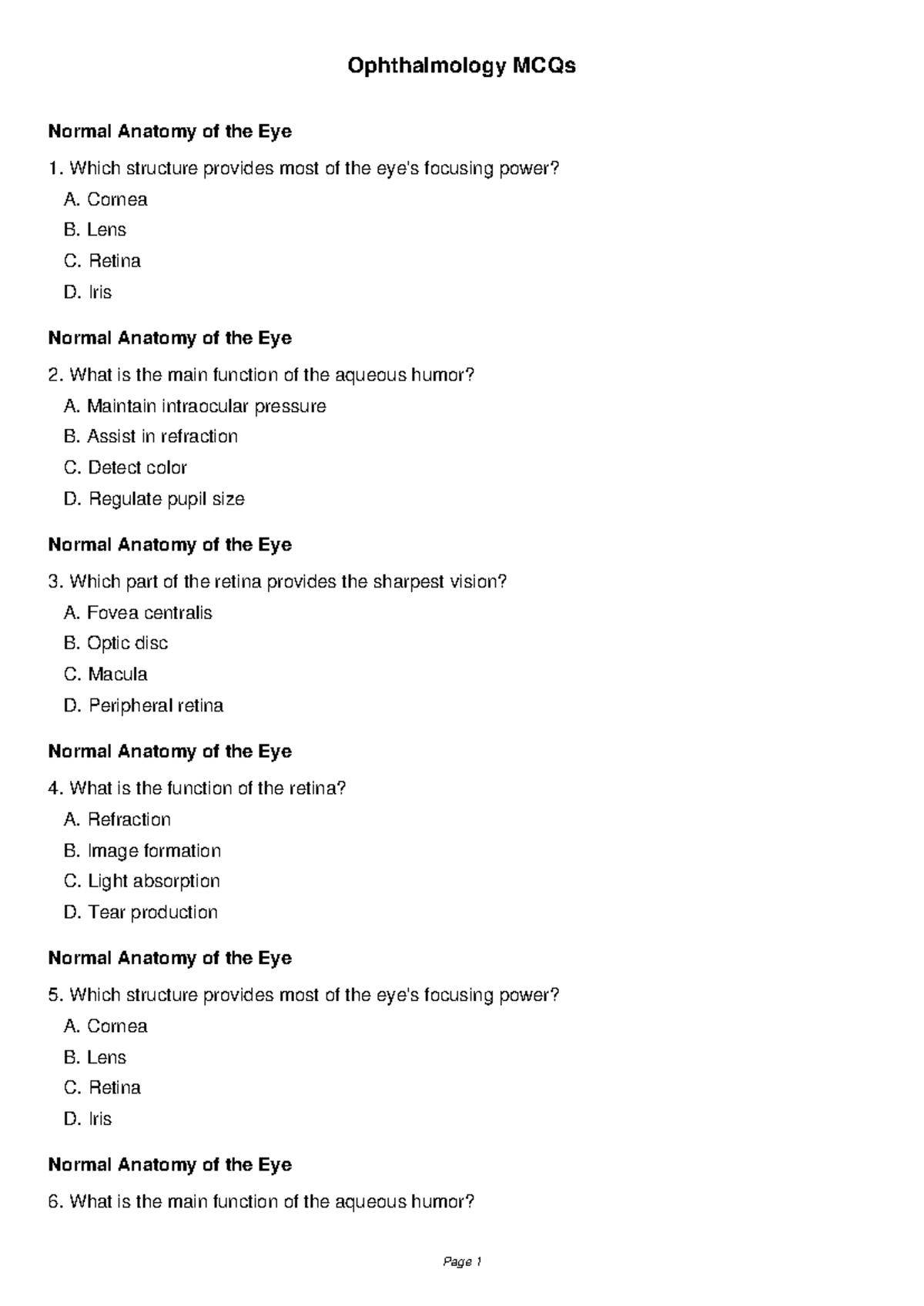 Ophthalmology MCQs: Normal Anatomy and Common Conditions - Studocu