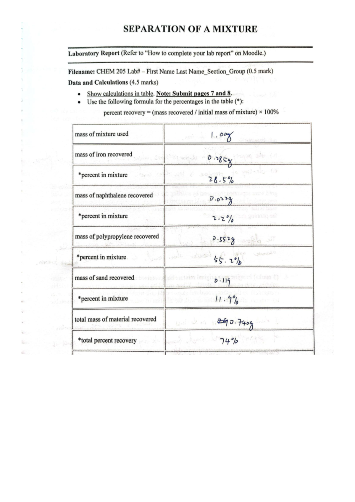 CHEM 205 Lab2 - Lab report - SEPARATION OF A MIXTURE Laboratory Report ...