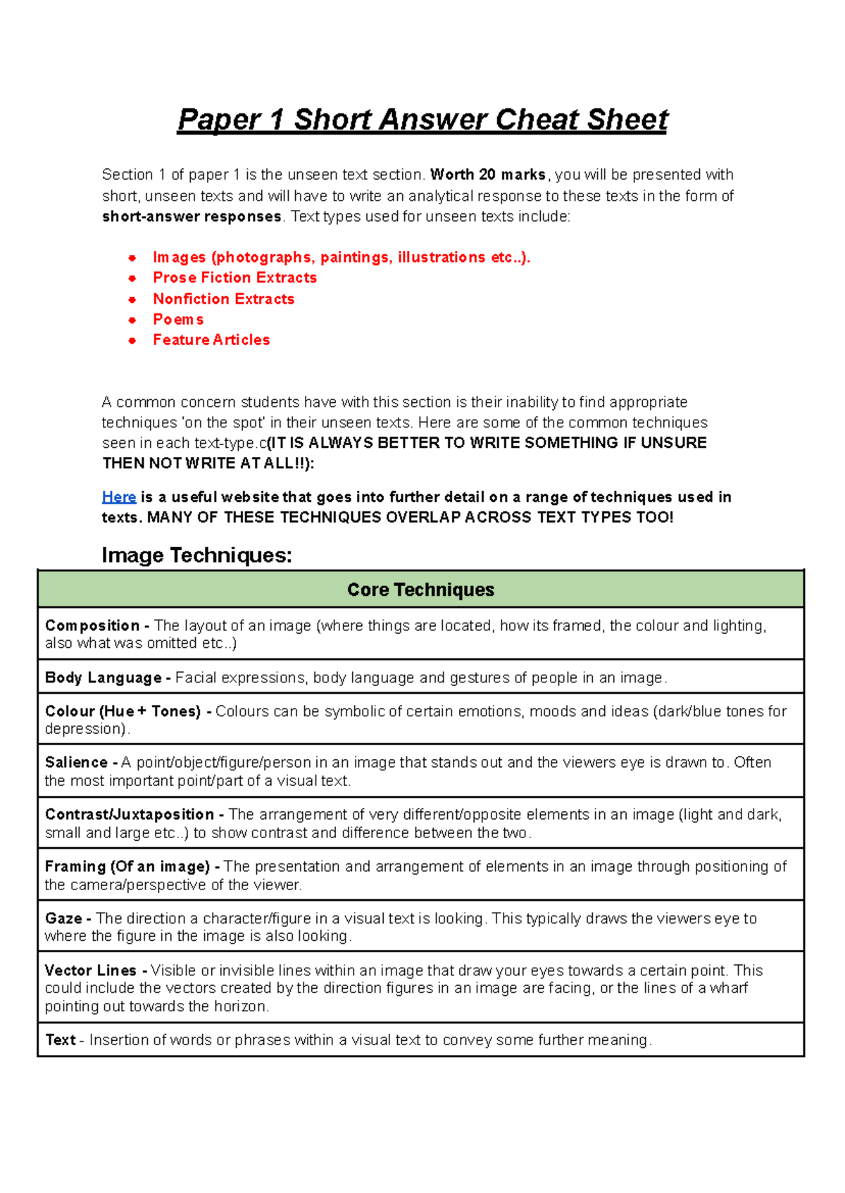 Paper 1 Short Answer Cheat Sheet: Techniques & Response Strategies ...