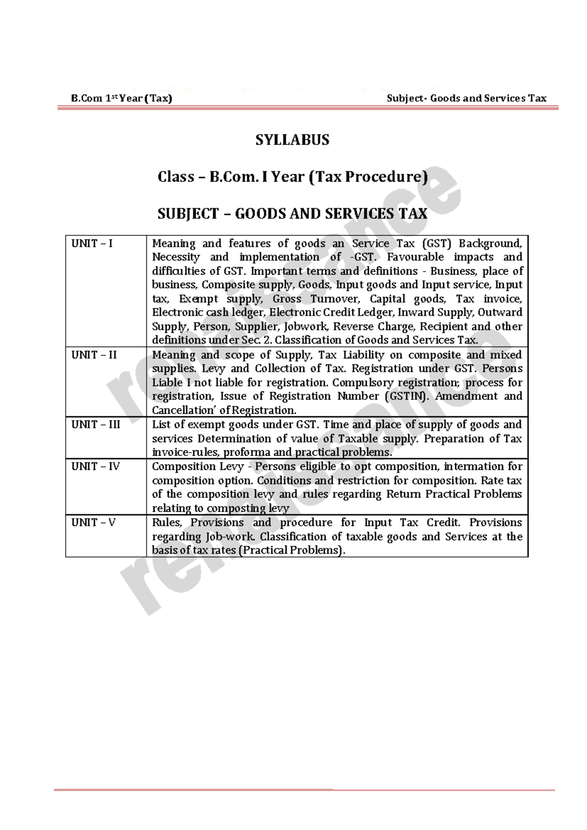 B.Com 1st Year Goods and Services Tax (GST) Study Notes and Syllabus ...