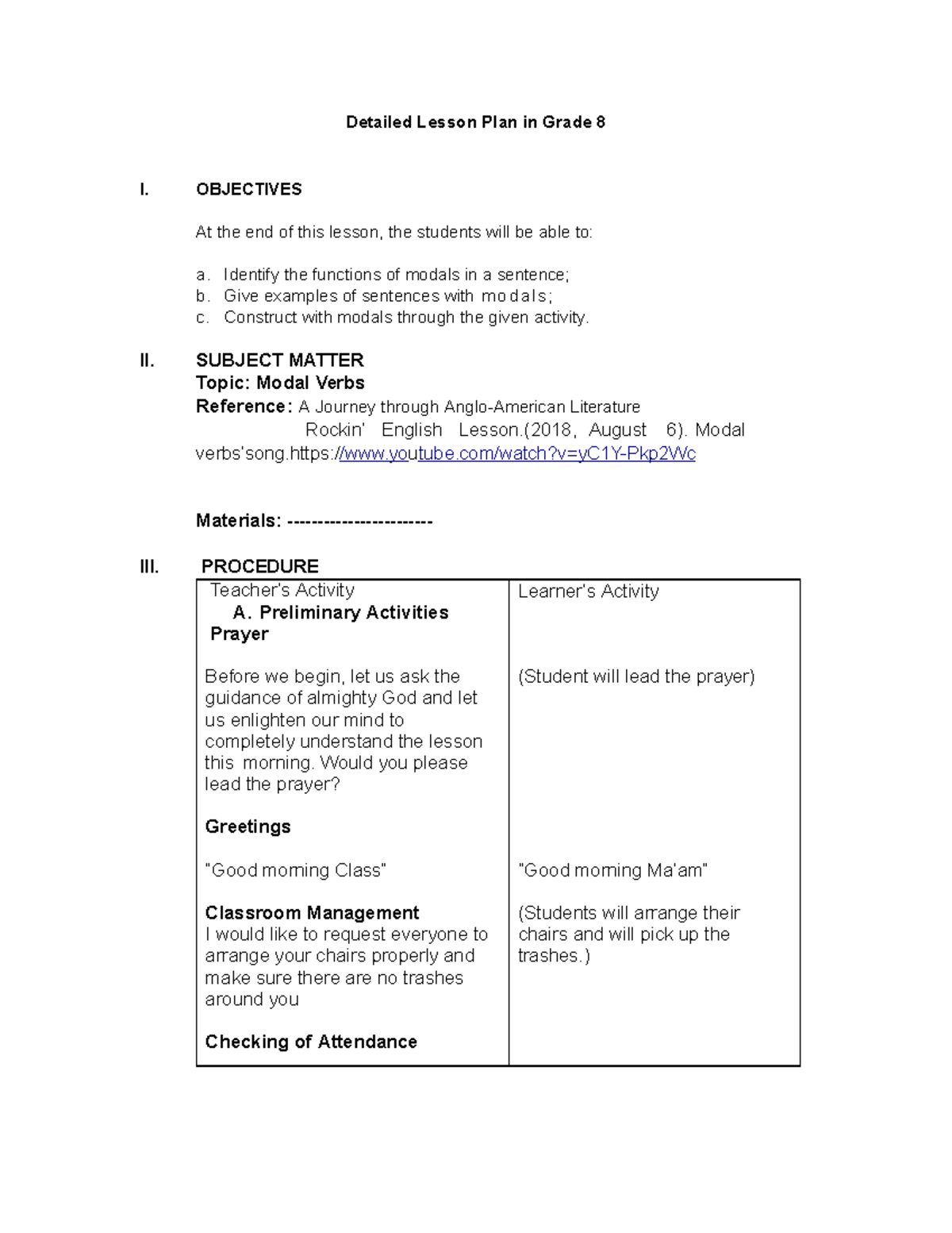 Grade 8 Modal Verbs - Detailed Lesson Plan Overview - Studocu