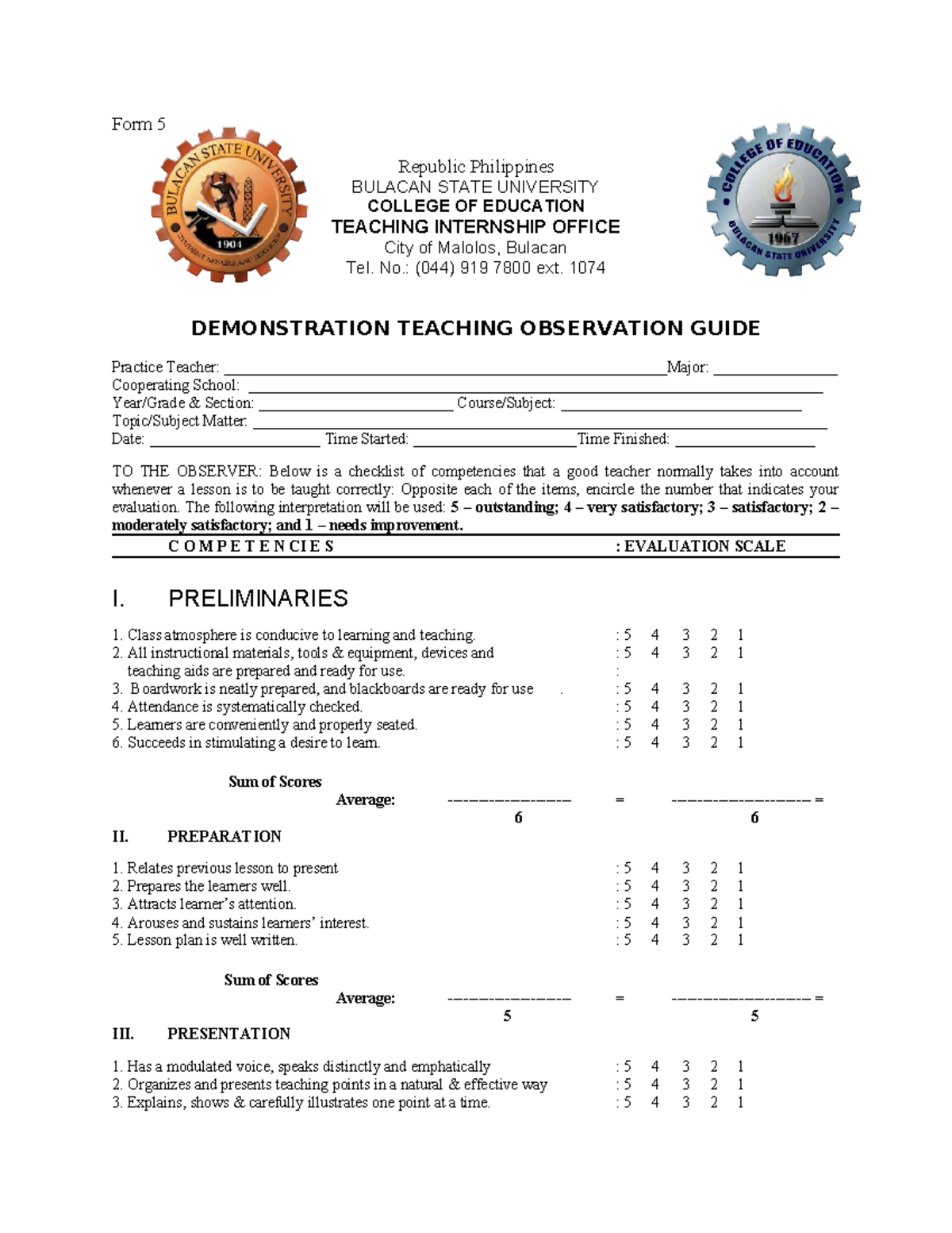 Teaching Internship Observation Guide - Form 5 (BULACAN STATE ...