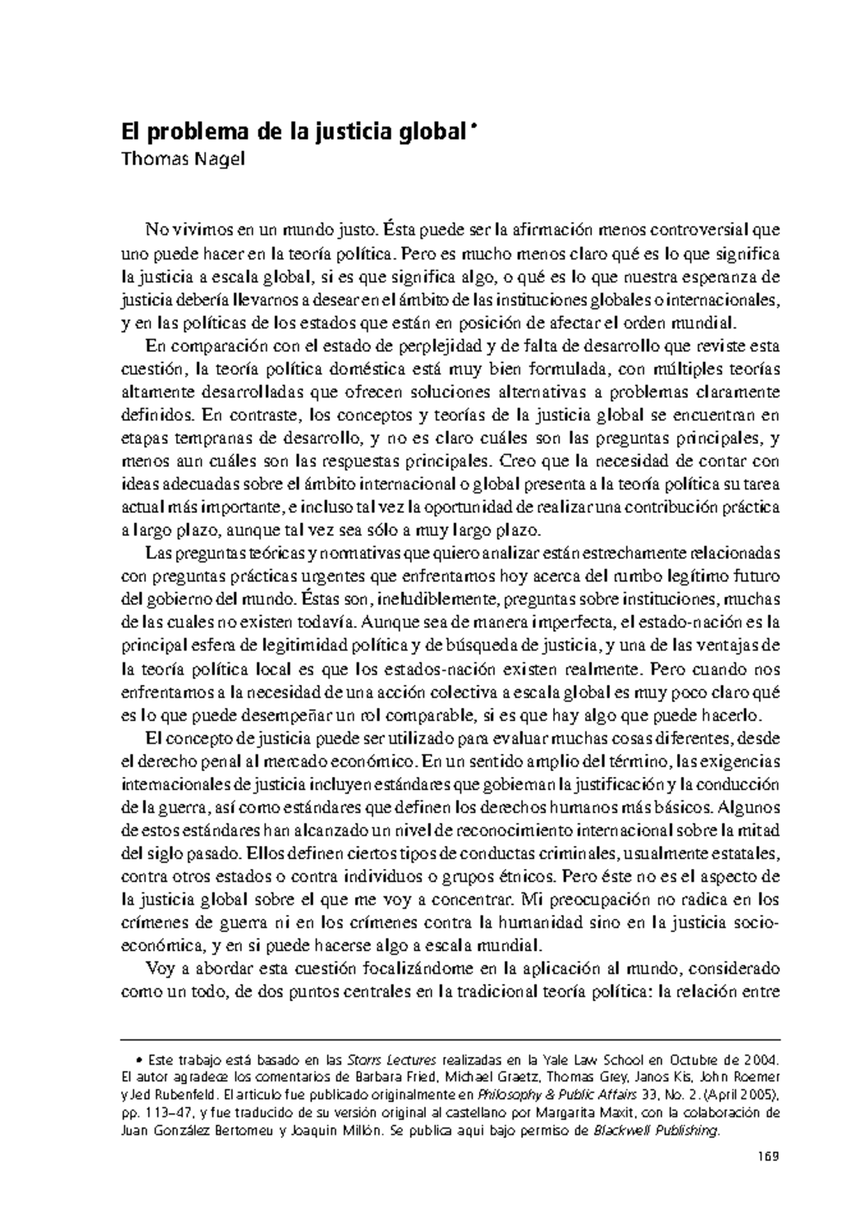 El problema de la justicia global: Reflexiones de Thomas Nagel - Studocu