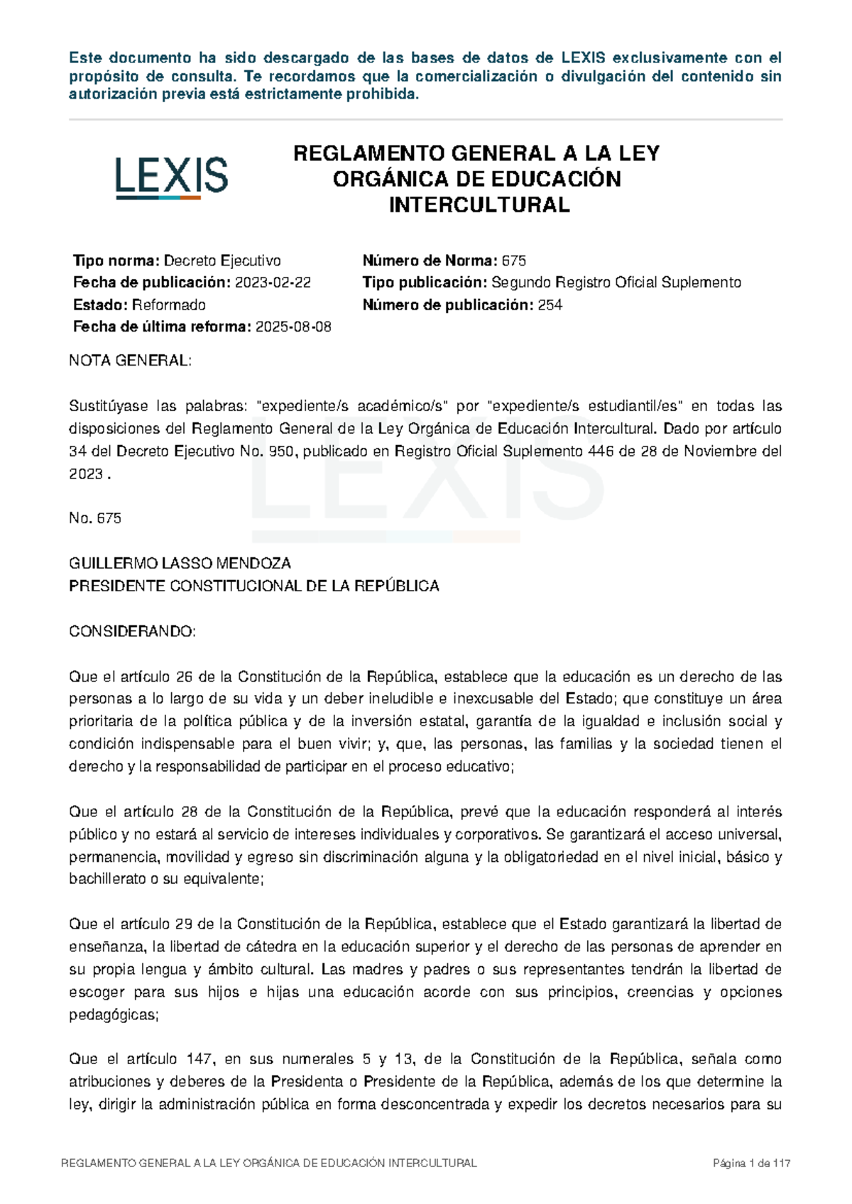 Reglamento General a la Ley Orgánica de Educación Intercultural (LOEI ...