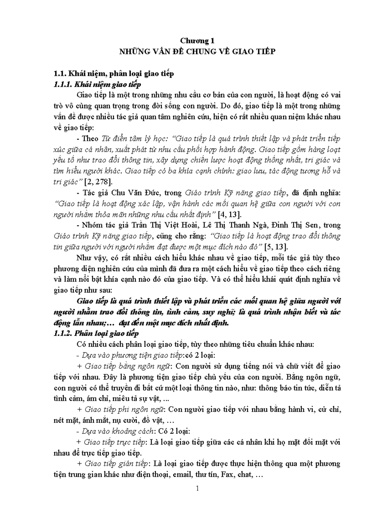 BÀI GIẢNG KỸ NĂNG GIAO TIẾP - Chương 1: Khái niệm và Phân loại Giao tiếp - Document Preview
