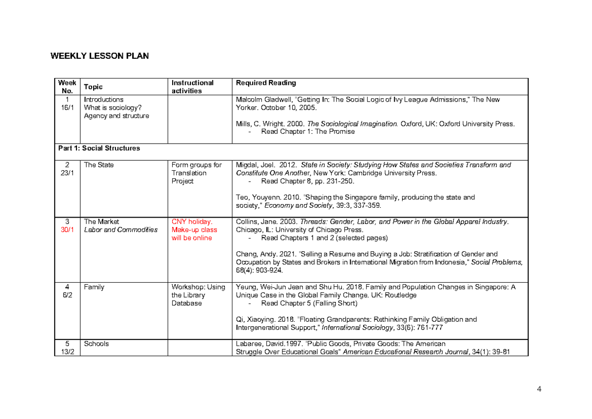 SOCG001 US Course Outline - 4 WEEKLY LESSON PLAN Week No. Topic ...