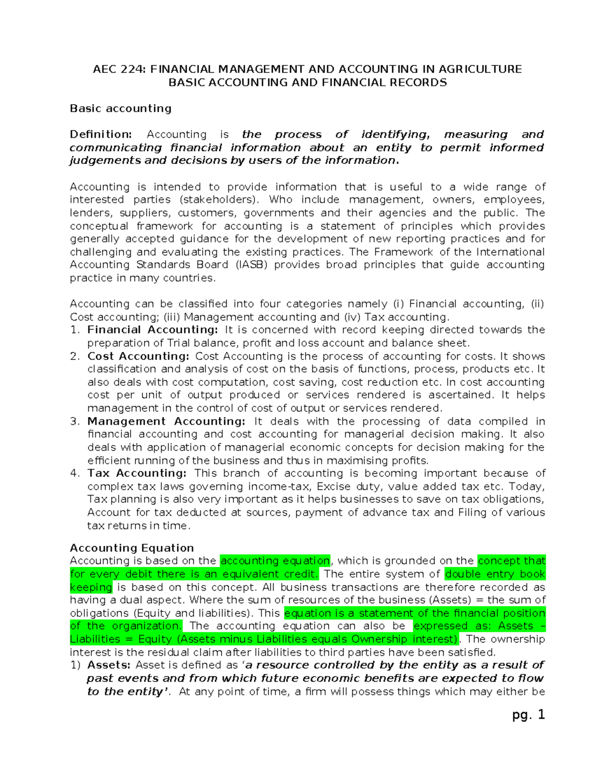 AEC 224: Basic Accounting & Financial Records Overview - Studocu