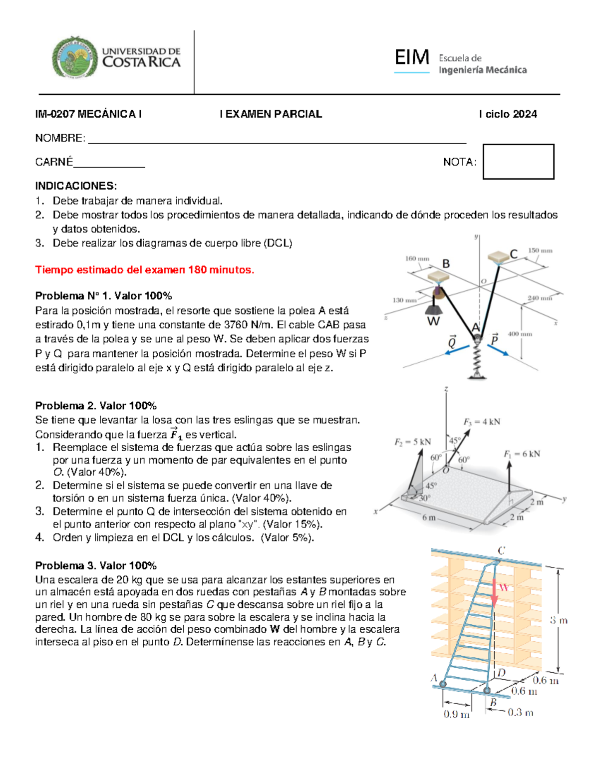 Examen Parcial IM-0207: Mecánica I - Ciclo 2024 - Document Preview