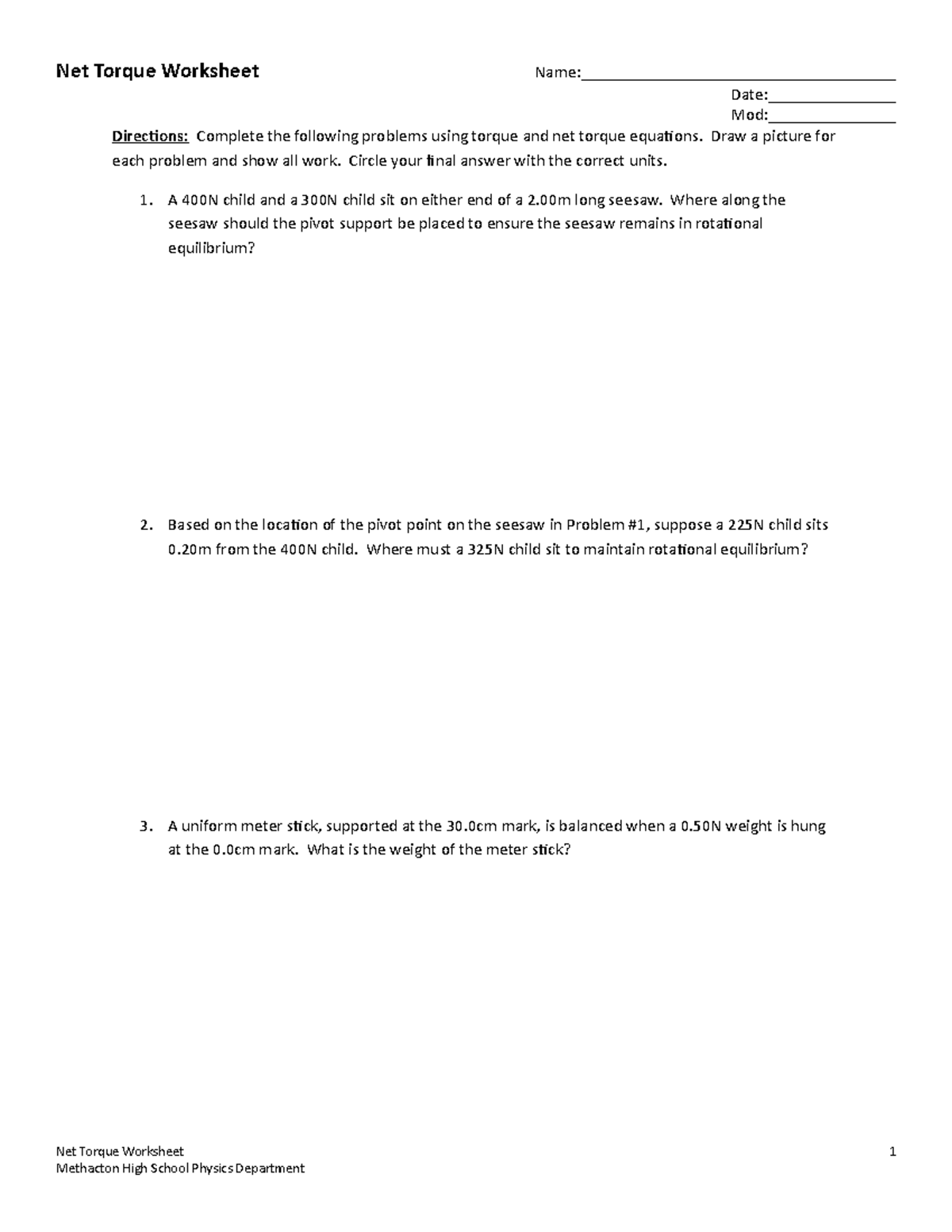 Net Torque Worksheet (1)-1 - Net Torque Worksheet Name