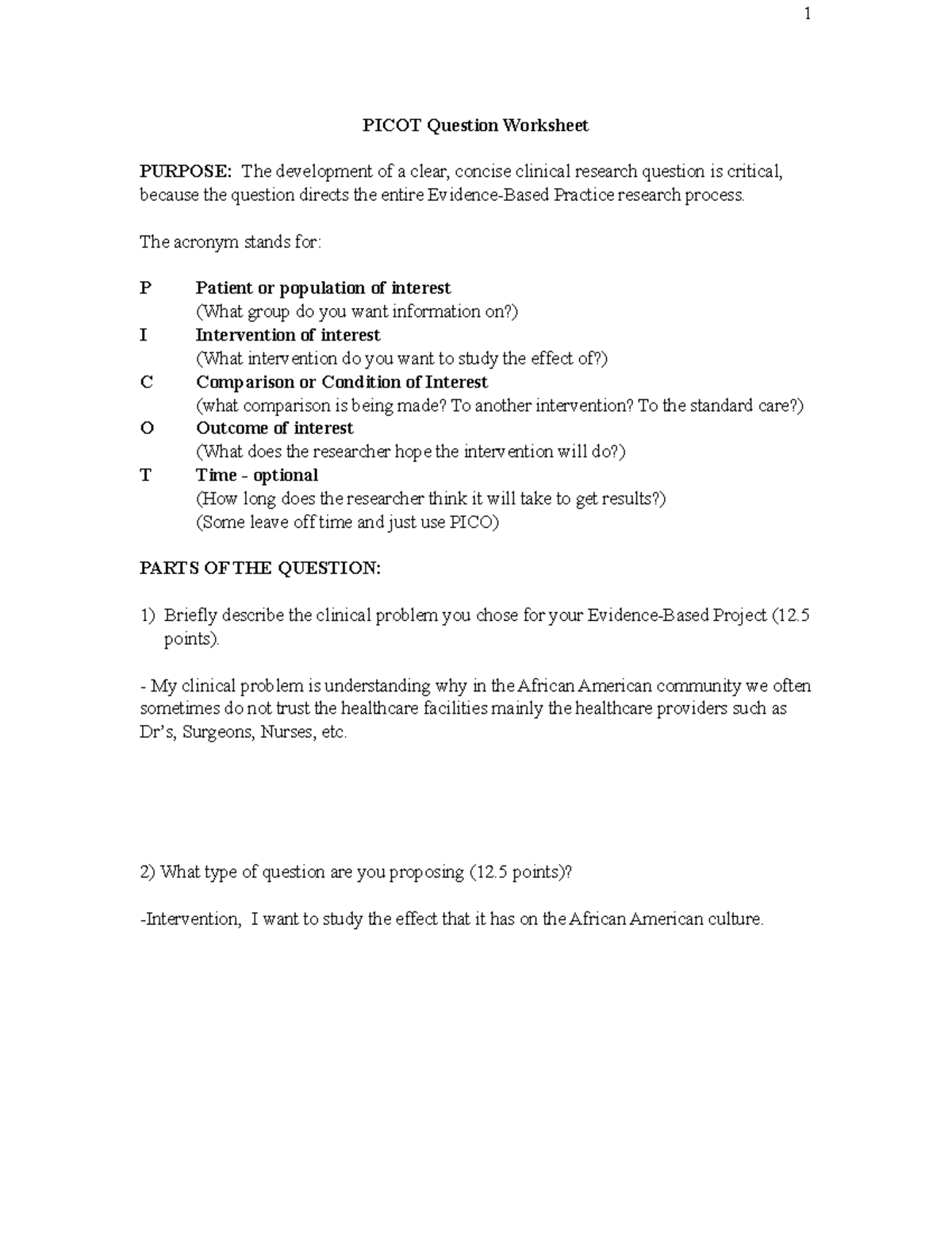 Picot question worksheet for evidence-based practice (EBP) - Studocu