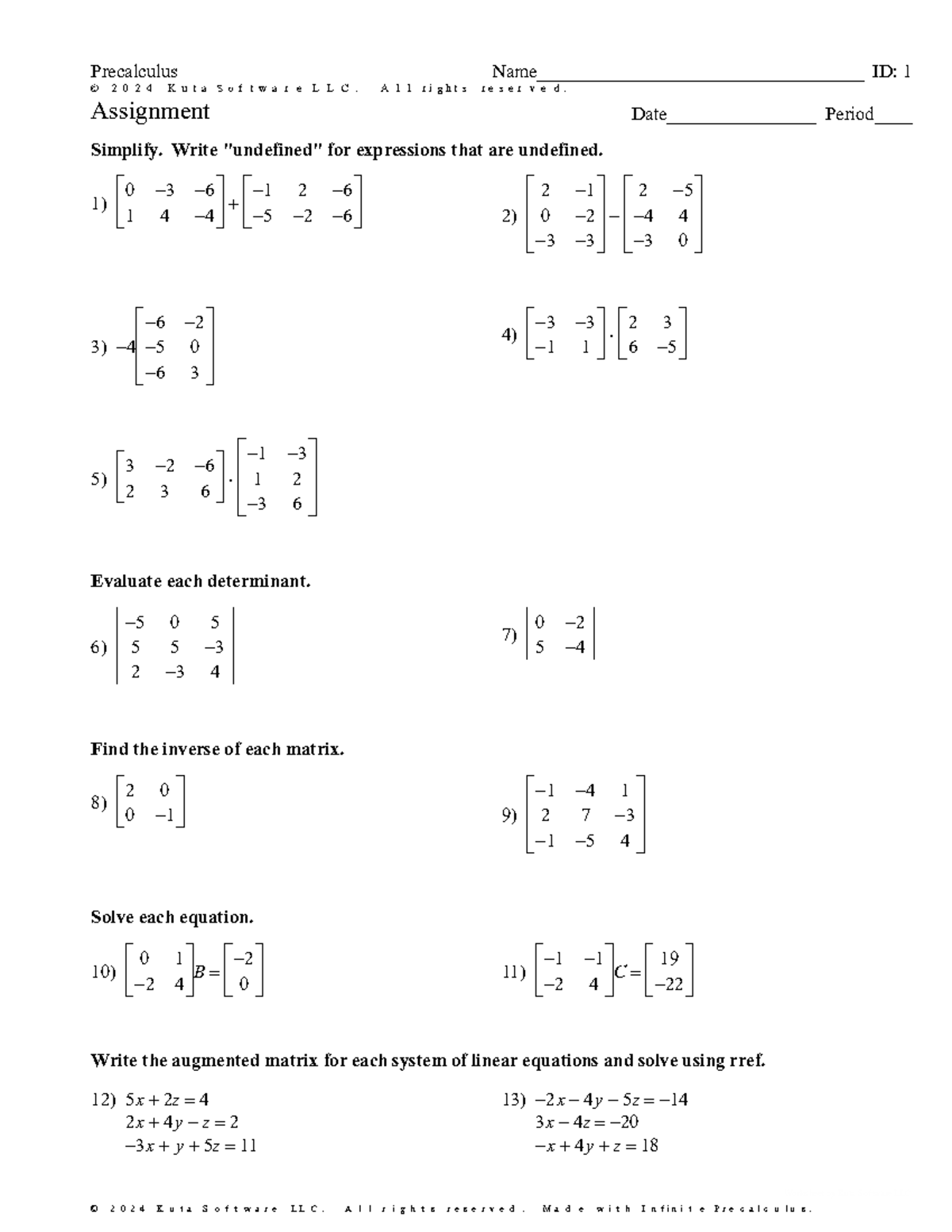 Precalculus (MAT101) Matrices Assignment & Worksheet Notes - Studocu