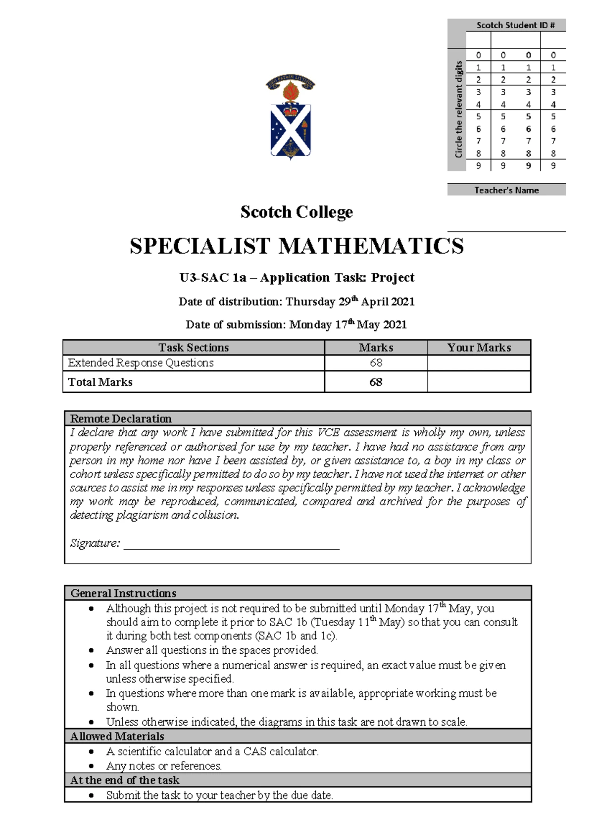 VCE Specialist Mathematics Exam 1 - 2024 Formula Sheet - Studocu