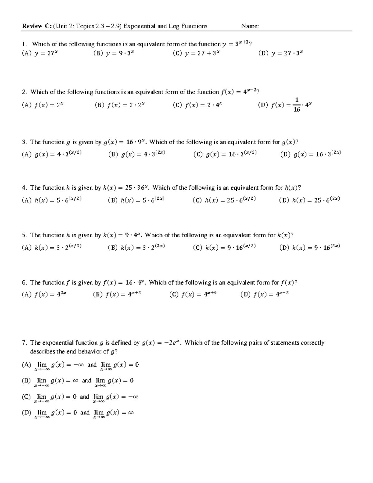 Review C: Unit 2 Topics 2.3 - 2.9 on Exponential & Log Functions - Studocu