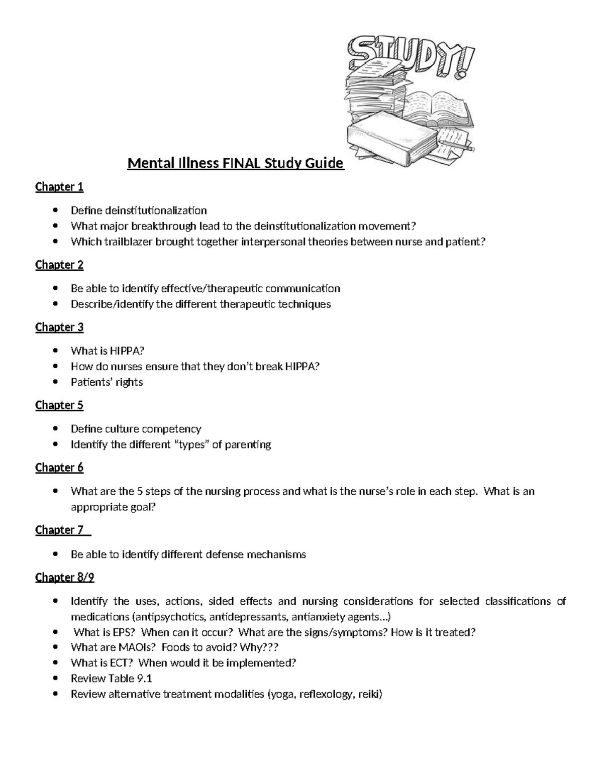 Copy of Mental Illness Exam 1 - Ch 1 history of mental health nursing 🔥 ...