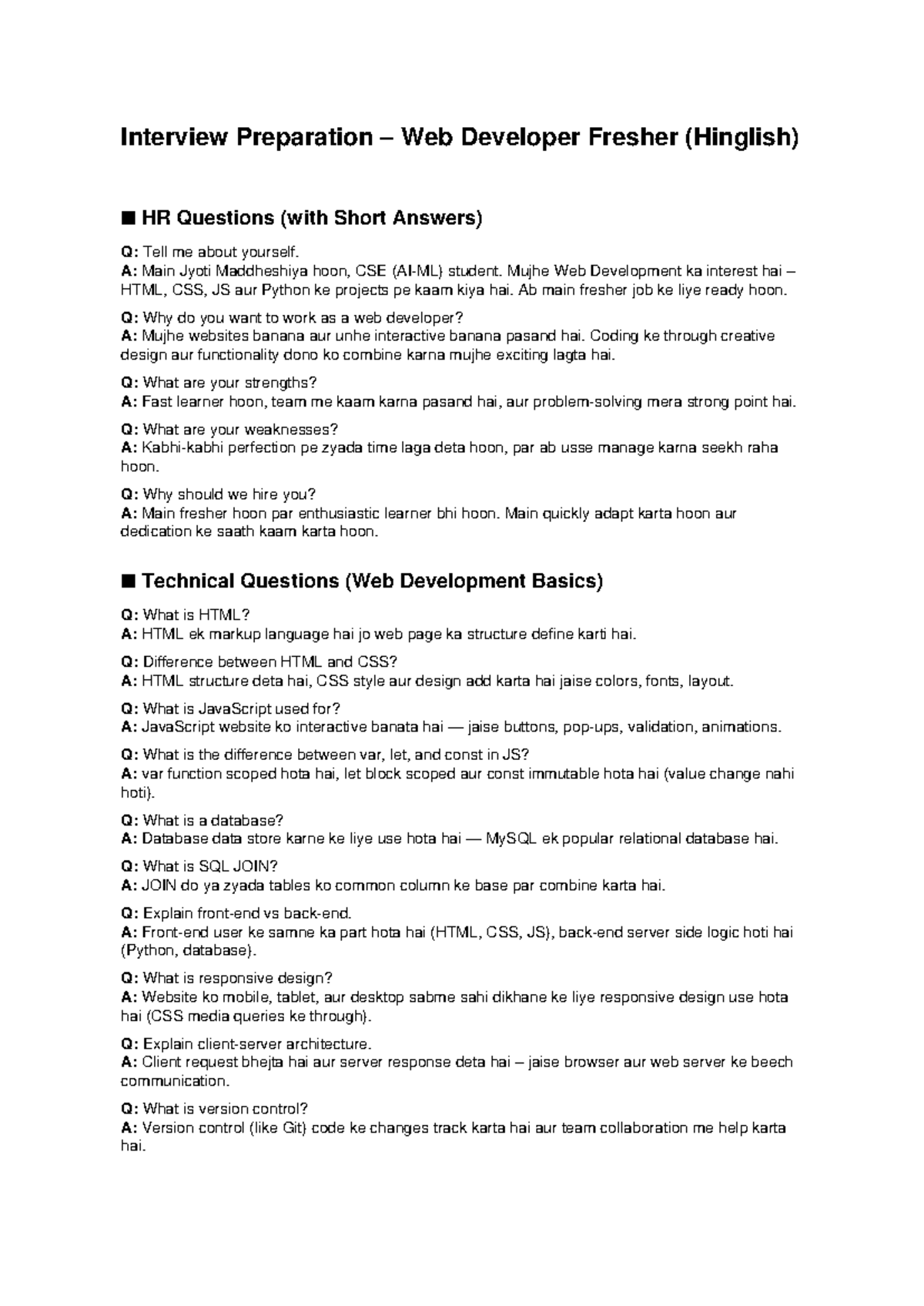 Interview Prep for Web Developer Fresher (CSE) - HR & Tech Qs - Studocu