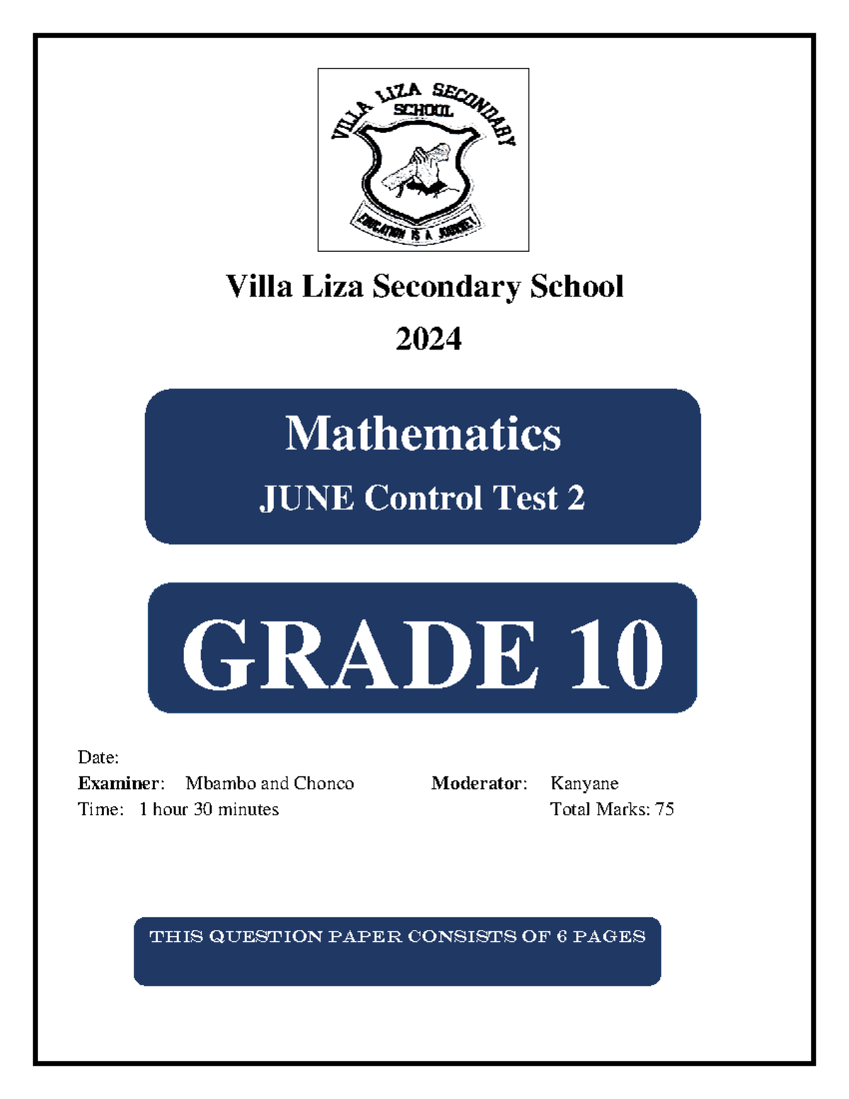 Mathematics Grade 10 June Exam Paper 2 2024 Control Test Studocu