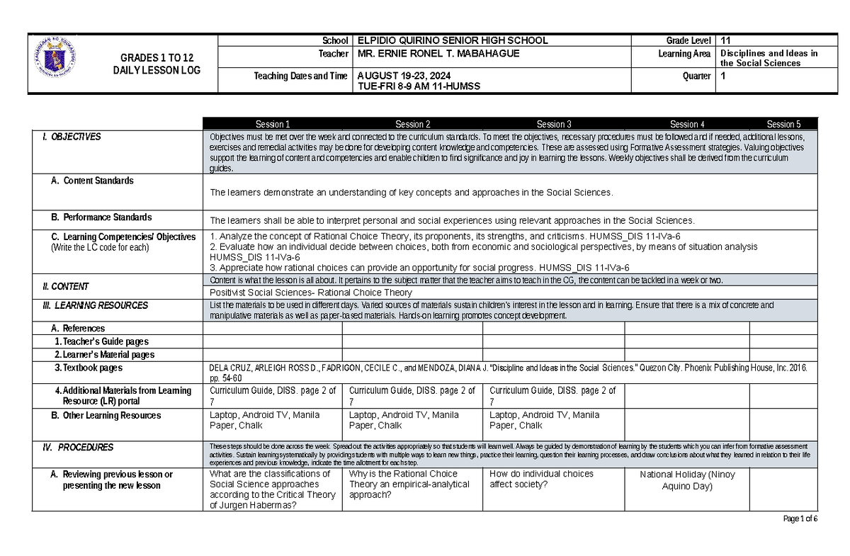 DISS Week 4 Daily Lesson Log: Disciplines & Ideas in Social Science ...