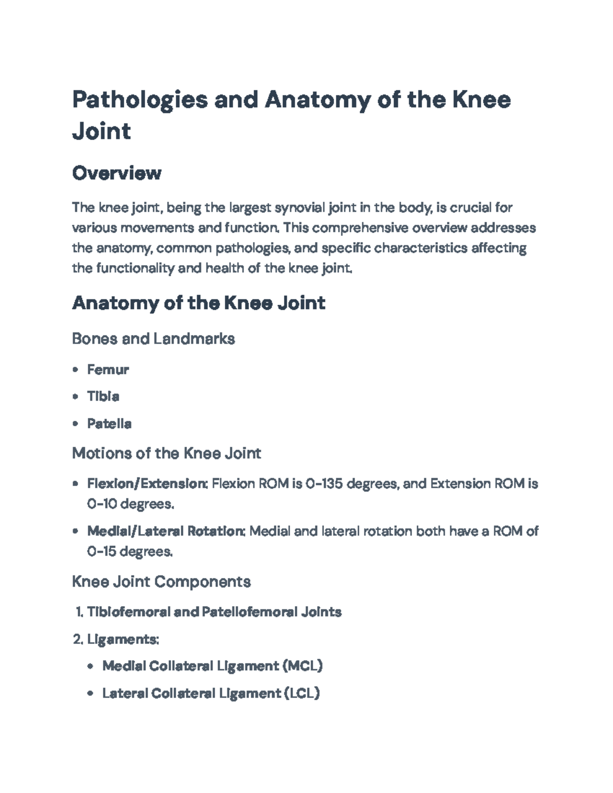 Knee Joint Anatomy and Common Pathologies Overview for KIN 101 ...