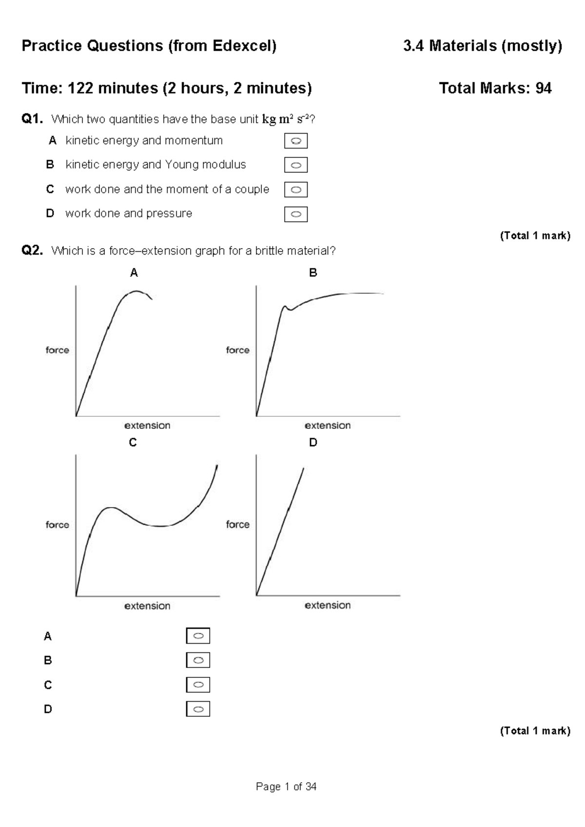 Physics 3: Practice Questions on Materials & Forces (Edexcel) - Studocu