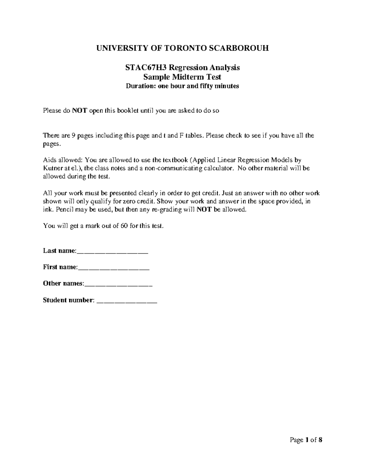 STAC67H3 Regression Analysis Sample Midterm Test Document - Studocu