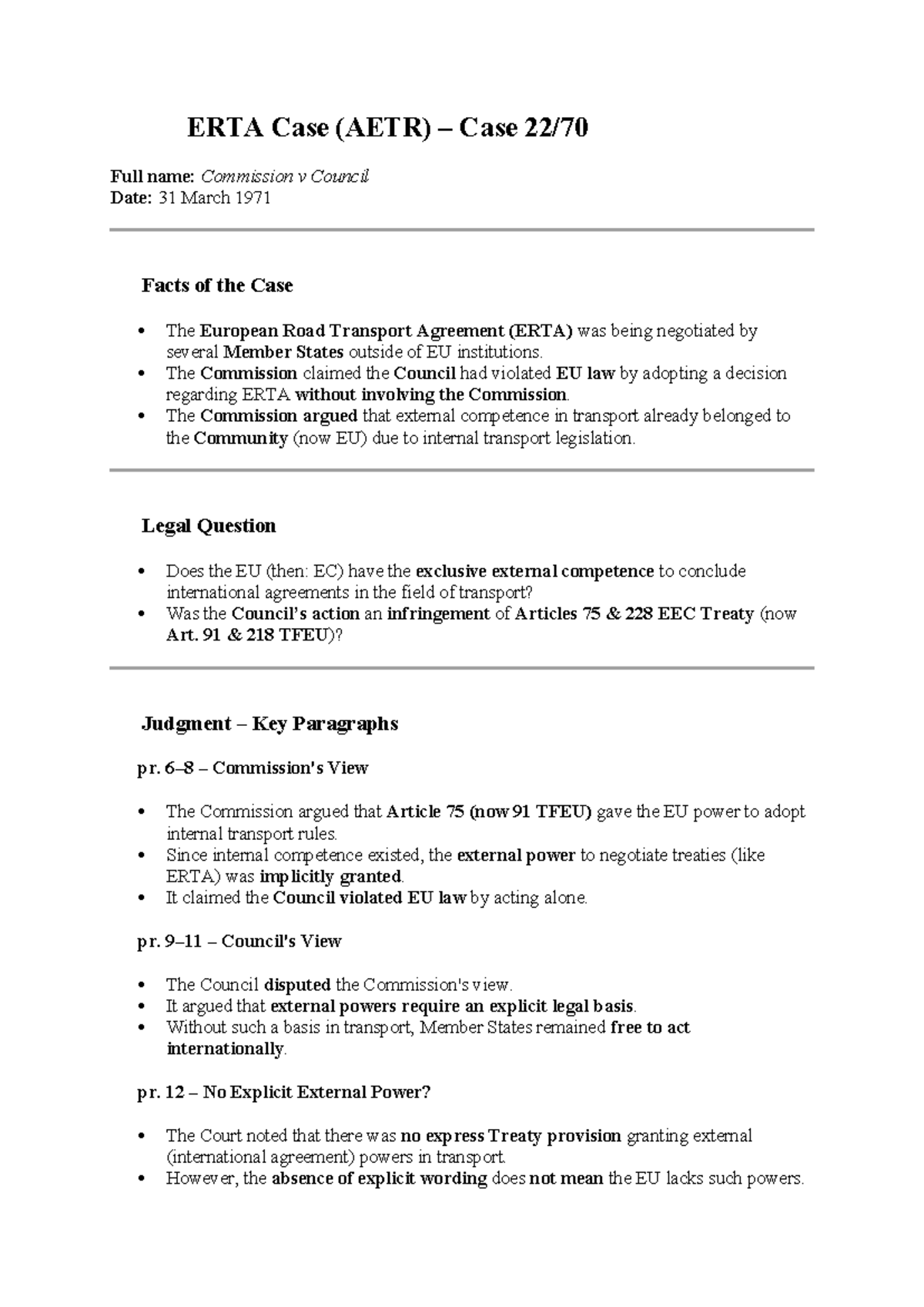 Erta case summary (AETR): Commission v Council analysis and ...