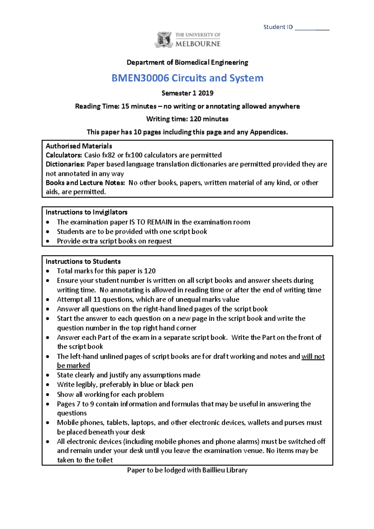 BMEN30006 Circuits and Systems Final Exam 2019 - Instructions ...