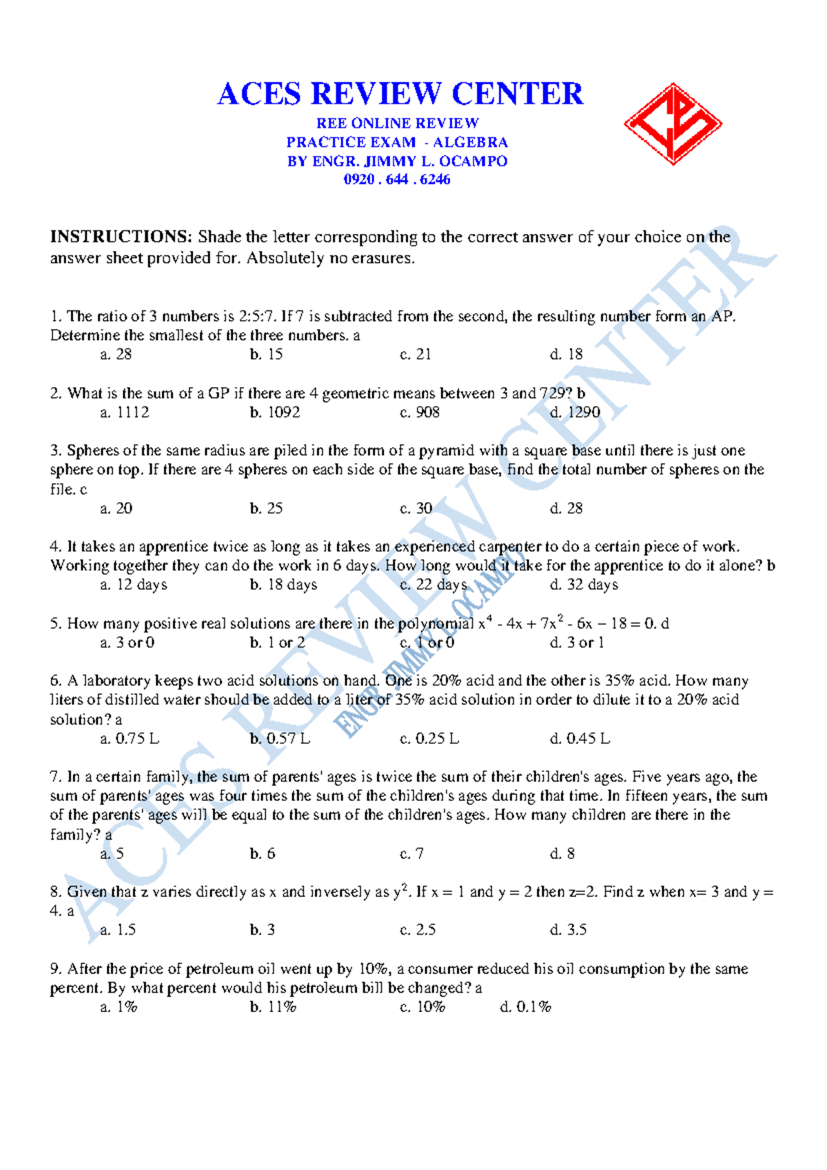 PE 1 - Algebra Practice Exam Review with Solutions - Studocu