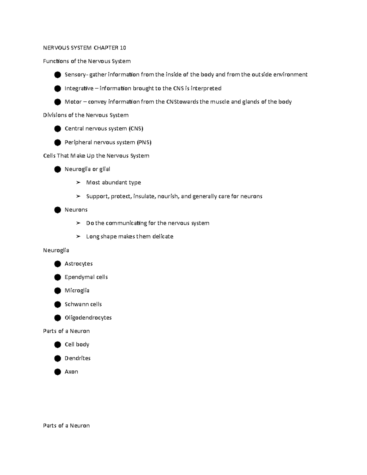 Nervous System Overview: Chapter 10 Study Notes for BIO 101 - Studocu