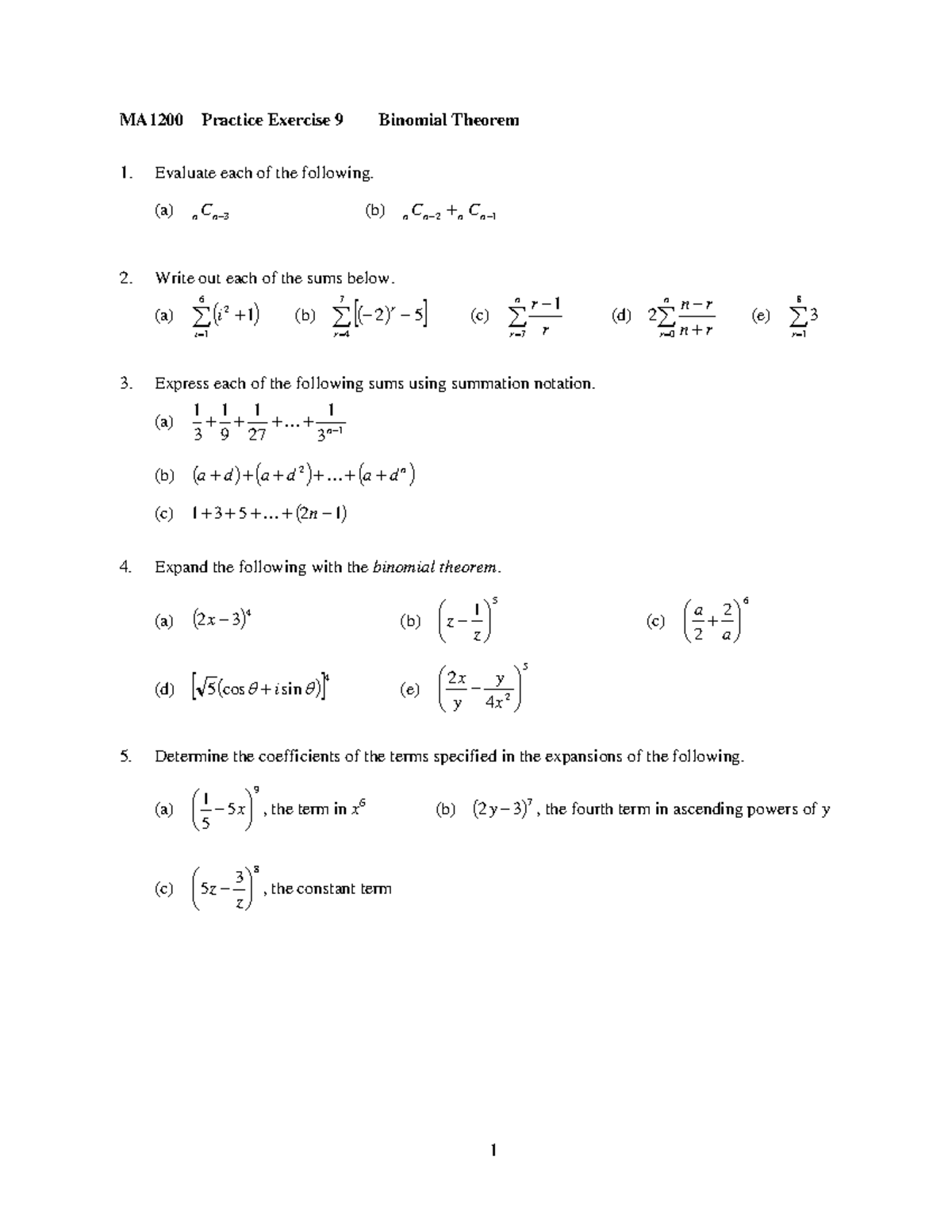 MA1200 Chapter 9 Binomial Theorem Practice Exercises - Studocu