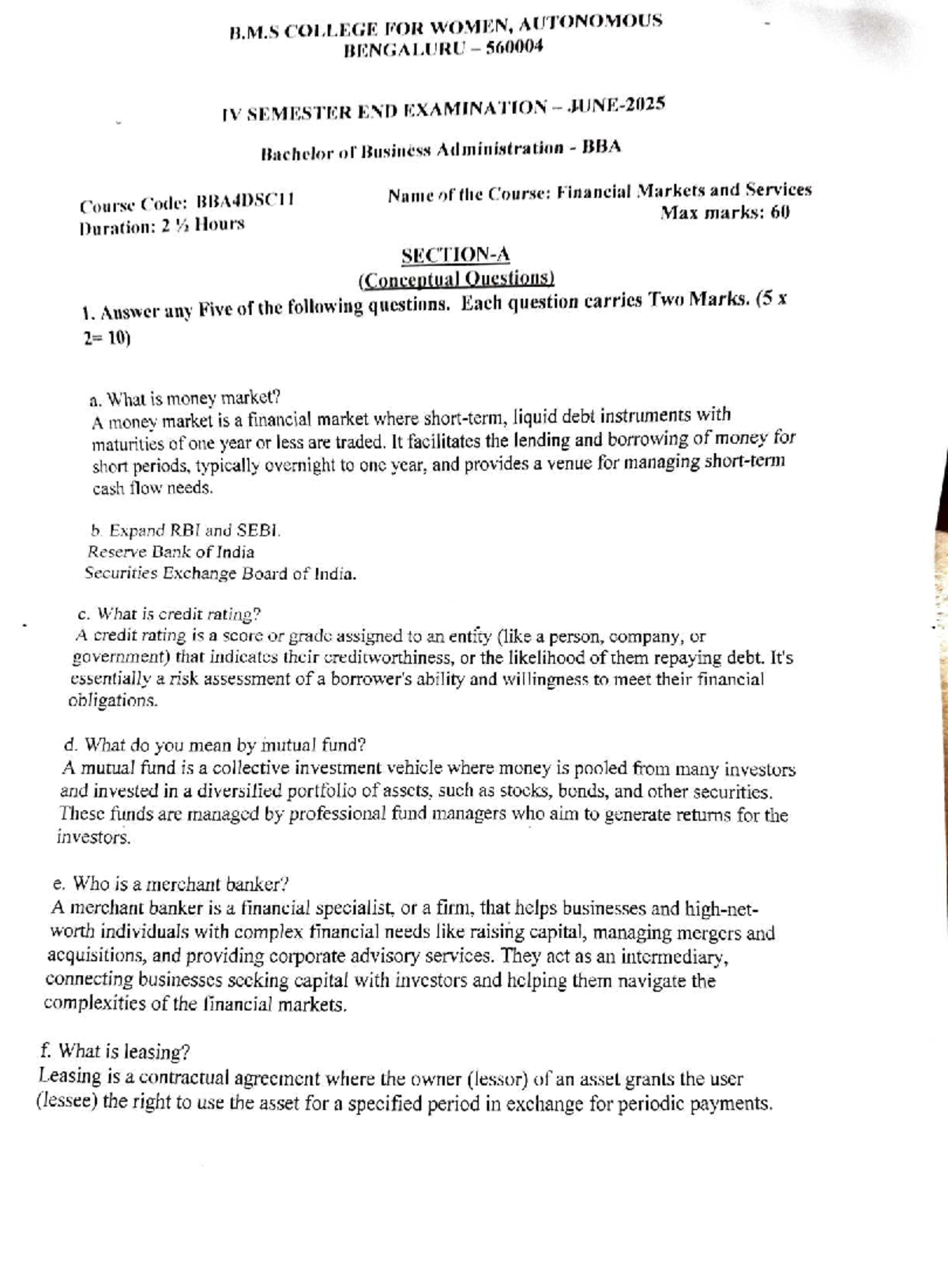 FMS - BBA IV Sem End Exam Notes on Financial Markets & Services - Studocu