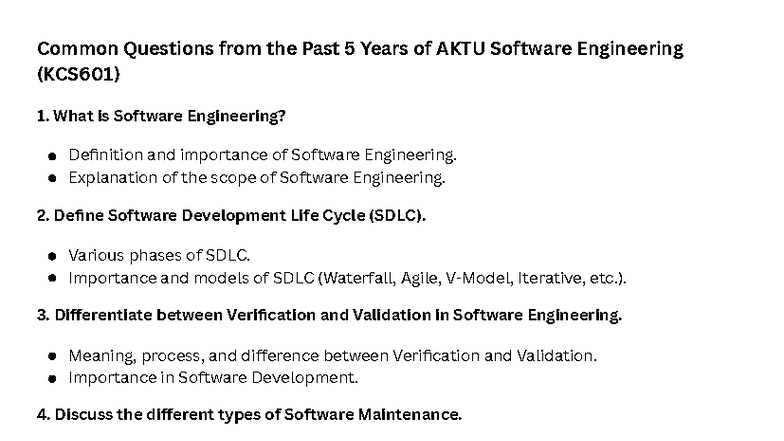 Common Questions in Software Engineering (KCS601) from Last 5 Years ...