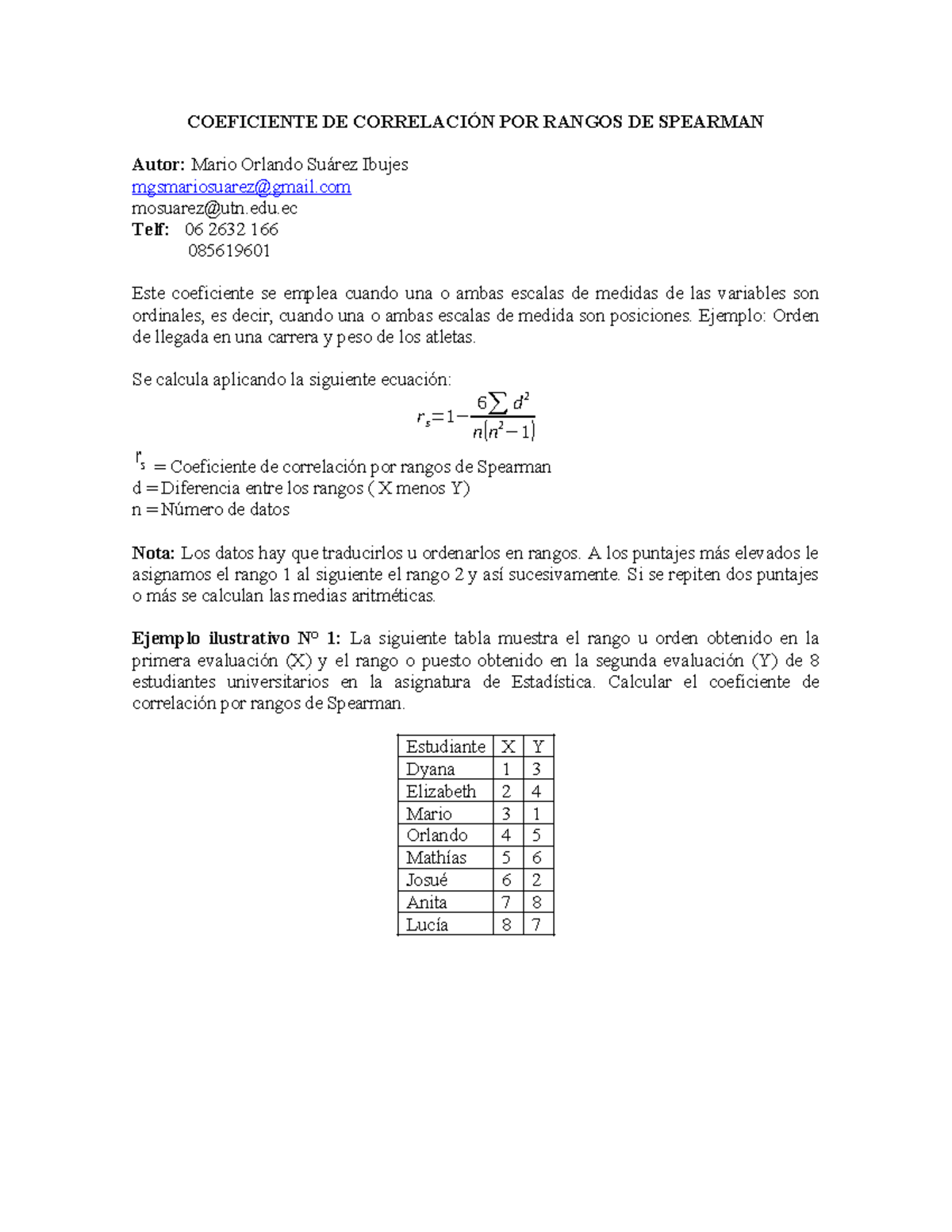 COEFICIENTE DE CORRELACIÓN POR RANGOS DE SPEARMAN - ESTADÍSTICA - Studocu