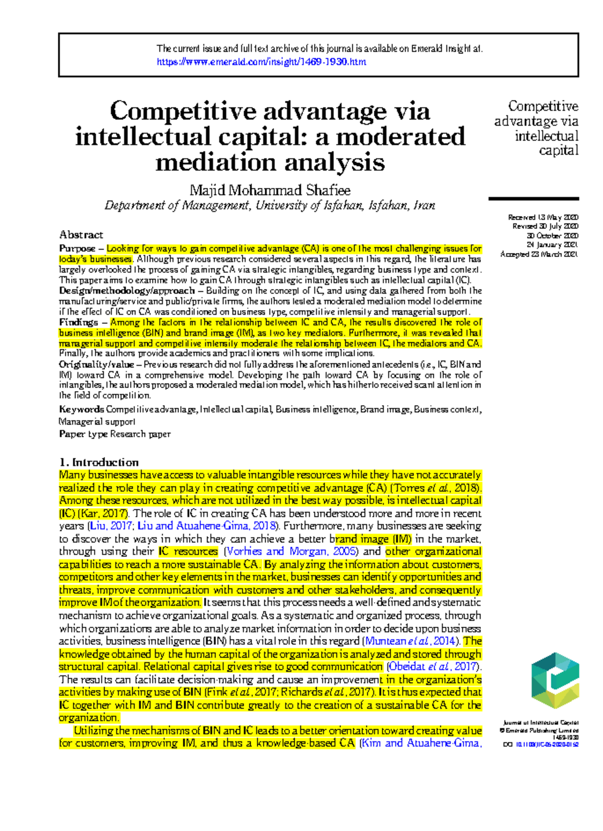 Competitive Advantage through Intellectual Capital: A Mediated Analysis ...