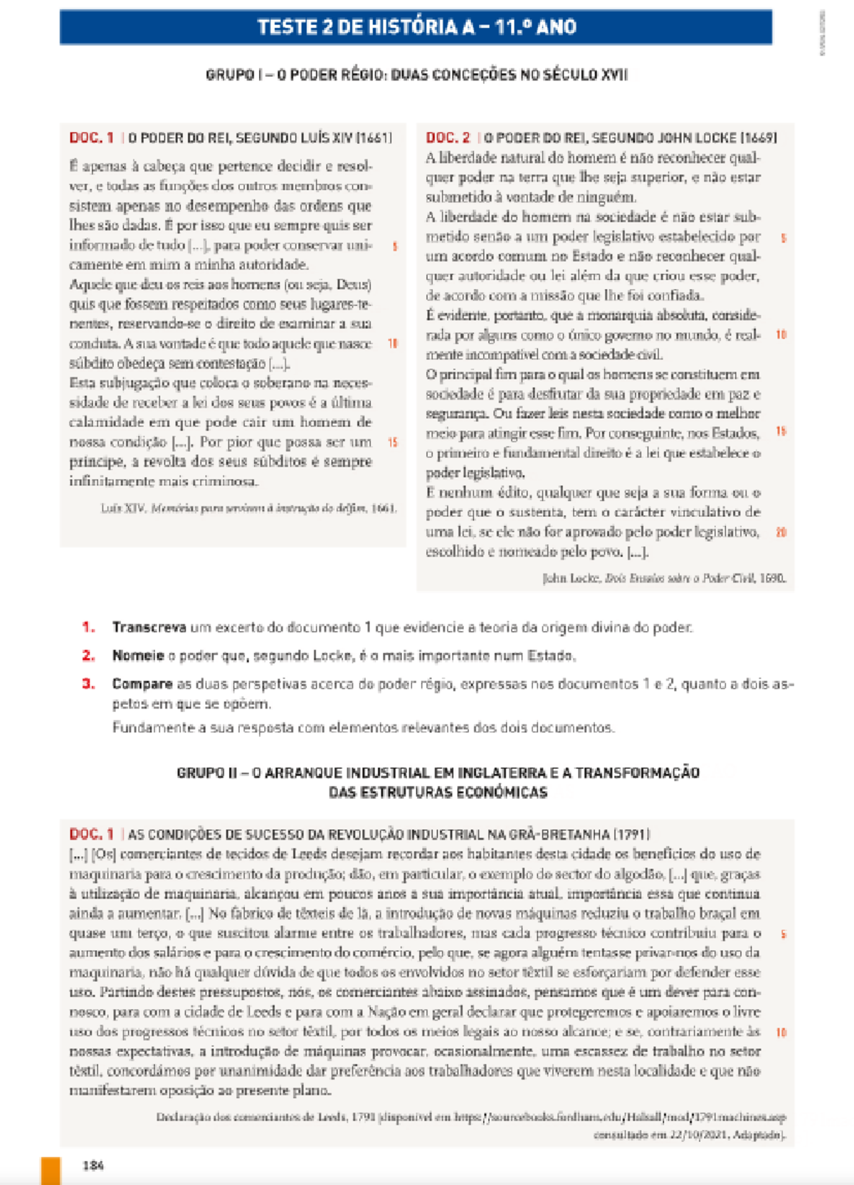 Teste 2 de História - Domíneo 4: Poder Régio e Revolução Industrial dos ...