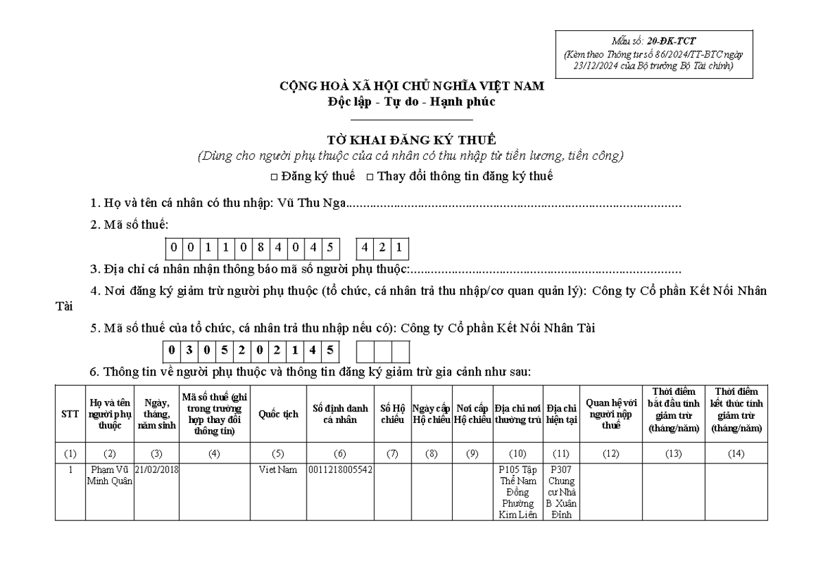 Mẫu số 20-ĐK-TCT: Tờ Khai Đăng Ký Thuế cho Người Phụ Thuộc - Studocu