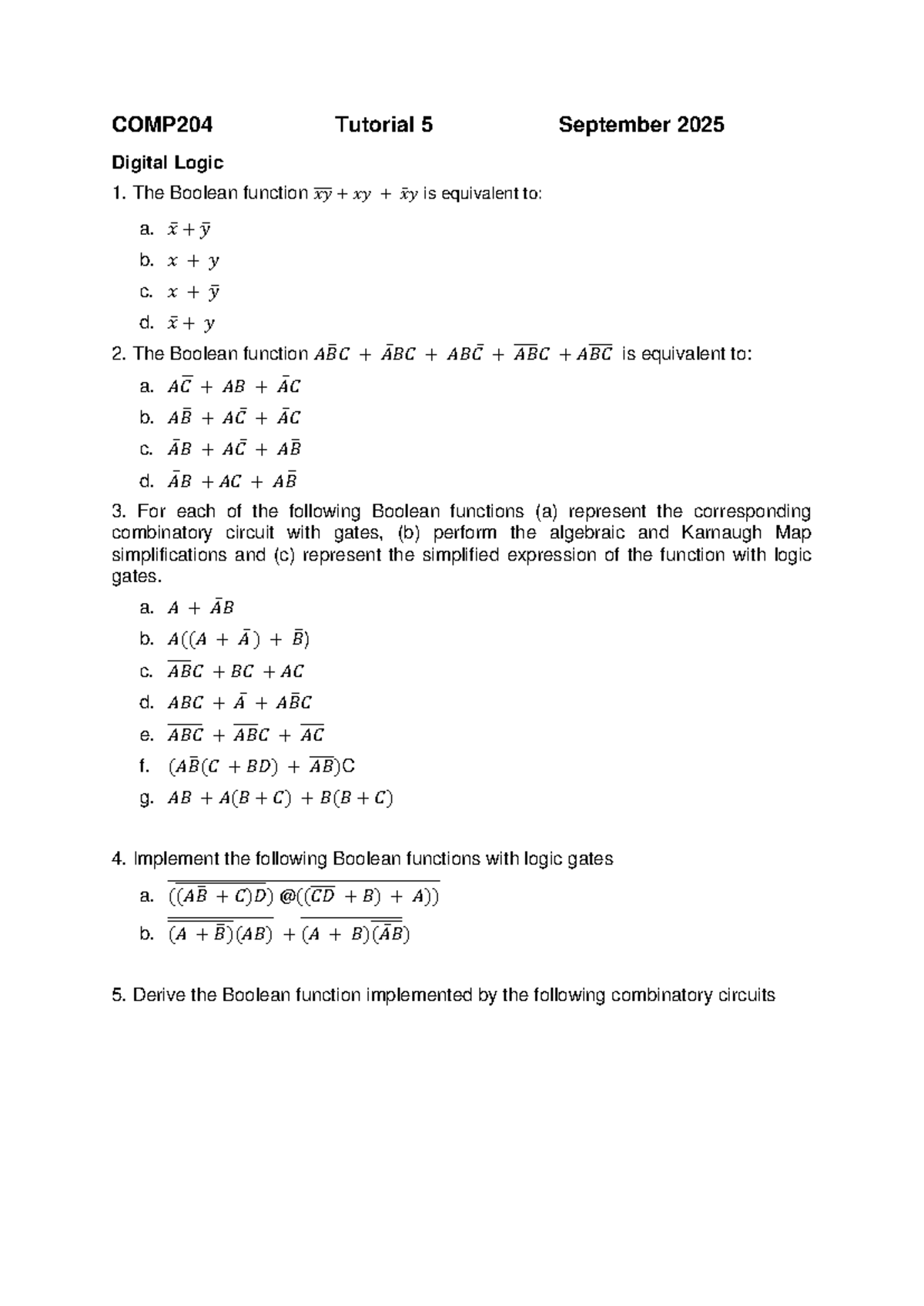 COMP204 Tutorial 5: Digital Logic Boolean Functions & Circuits - Studocu