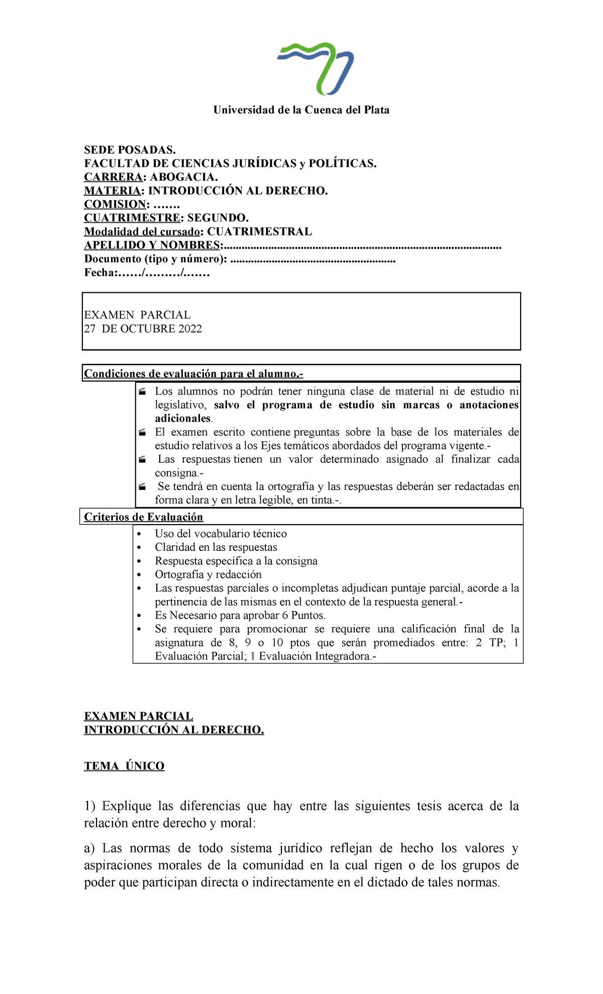 Parcial Introducción al Derecho 2022 - Examen del Segundo Cuatrimestre - Document Preview