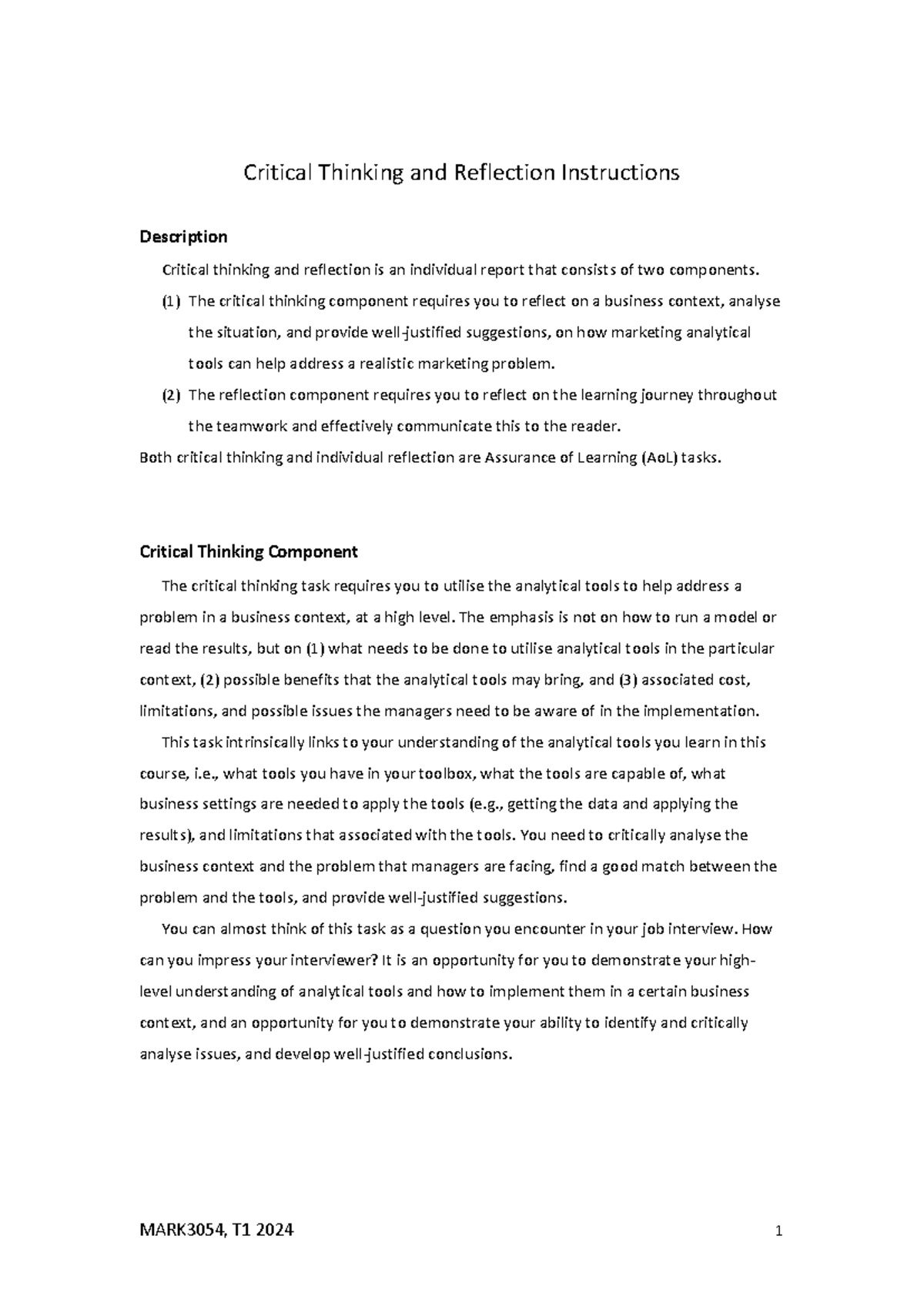MARK3054 T1 2024 Critical thinking and reflection instructions ...