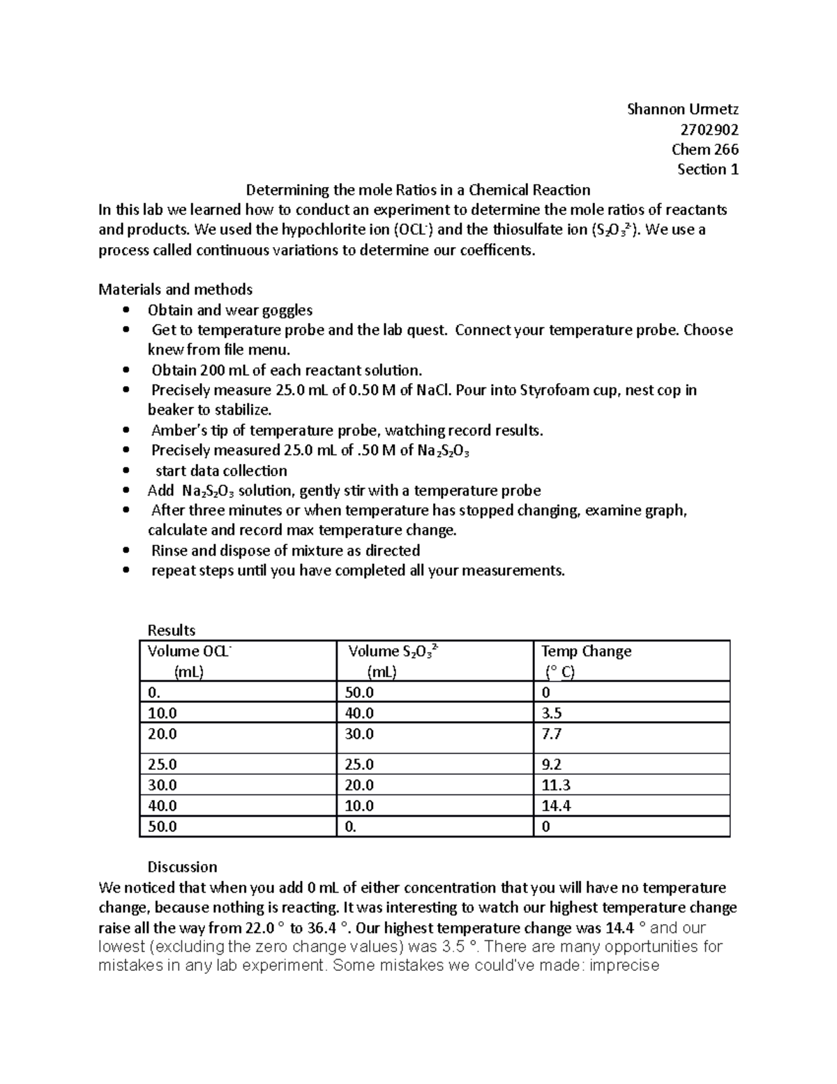 Chem 266 Lab Report: Determining Mole Ratios in a Reaction - Studocu