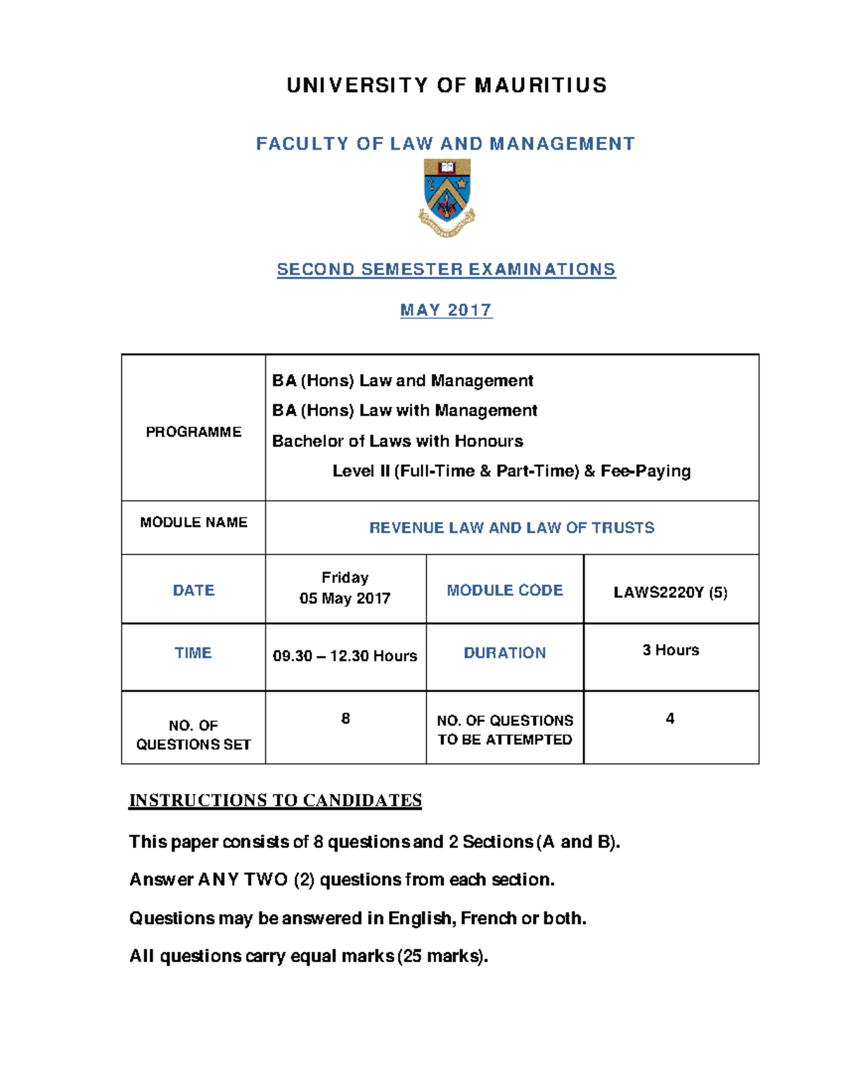 Revenue Law & Law of Trusts Exam Paper - LAWS2220Y (5) May 2017 - Studocu