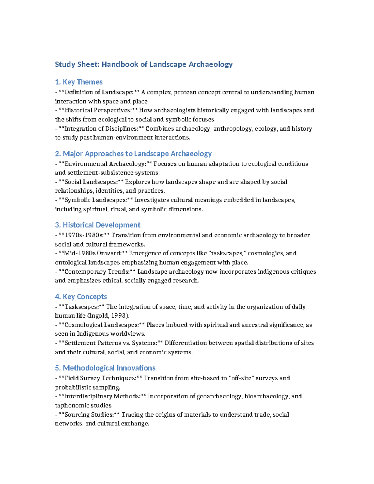 Study Sheet: Key Themes in Landscape Archaeology (LA 101) - Studocu