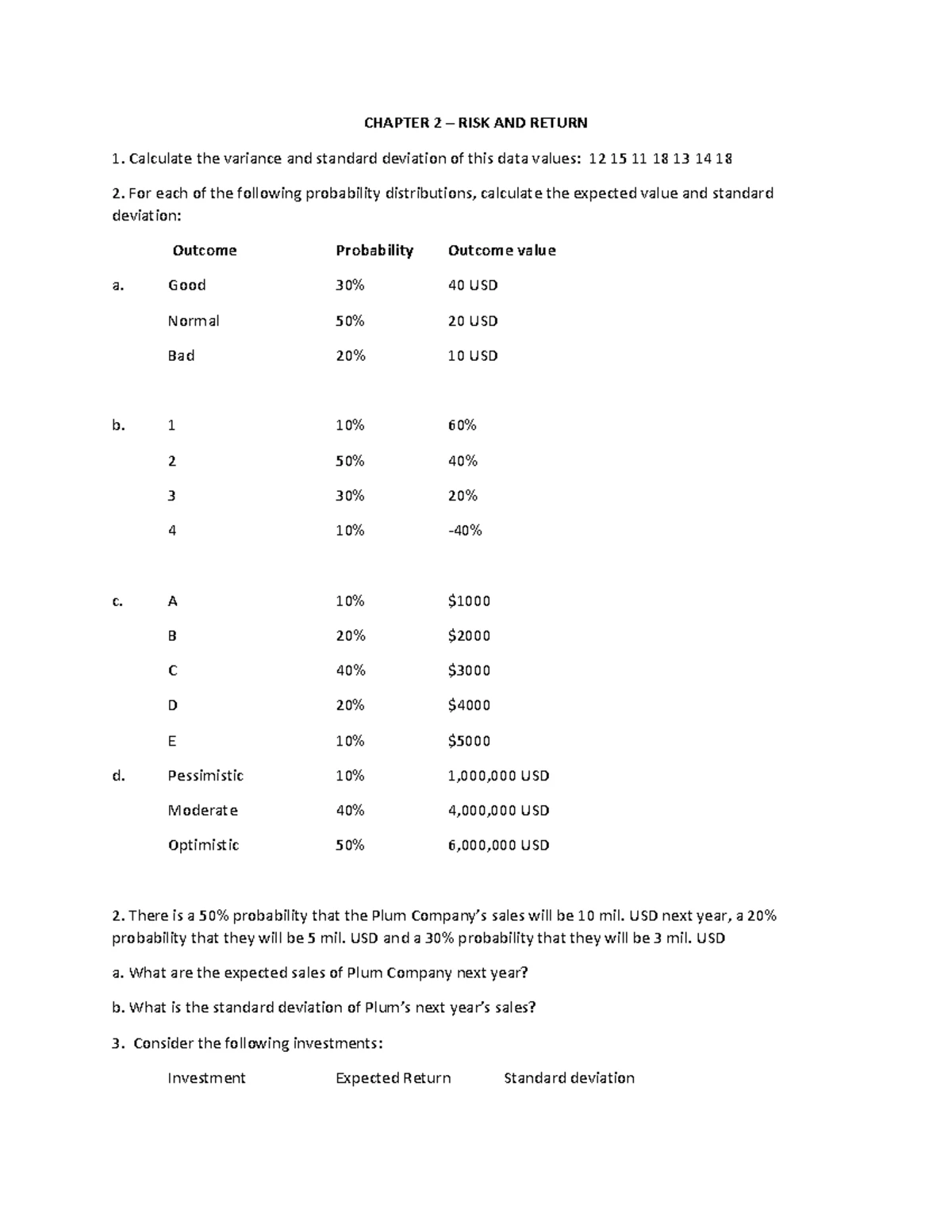 Chapter 2 - Risk and Return - CHAPTER 2 – RISK AND RETURN Calculate the ...
