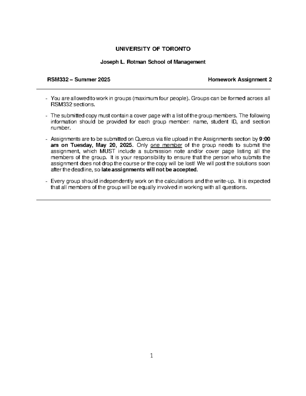 RSM332 Summer 2025 Homework Assignment 2 - Group Work Guidelines - Studocu