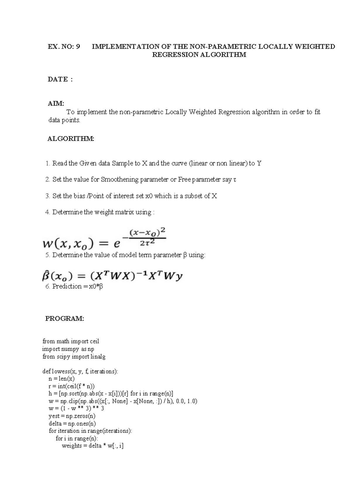 EX. NO: 9 Locally Weighted Regression Implementation Lab - Studocu