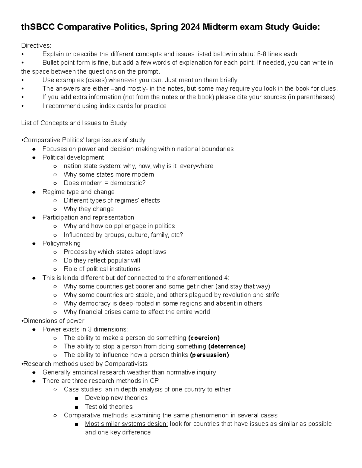 Midterm Study Guide – thSBCC Comparative Politics, Spring 2024 - Studocu