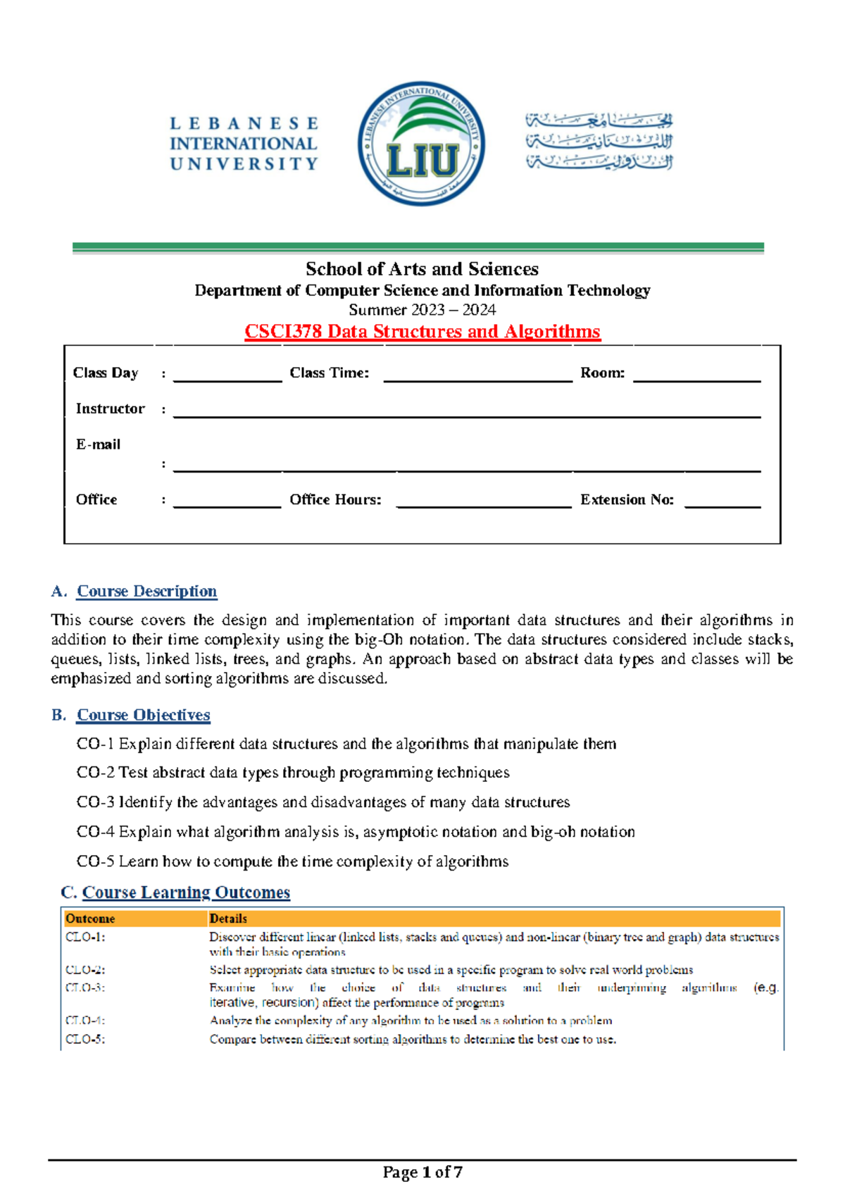 CSCI378 Syllabus: Data Structures and Algorithms Overview for Summer ...