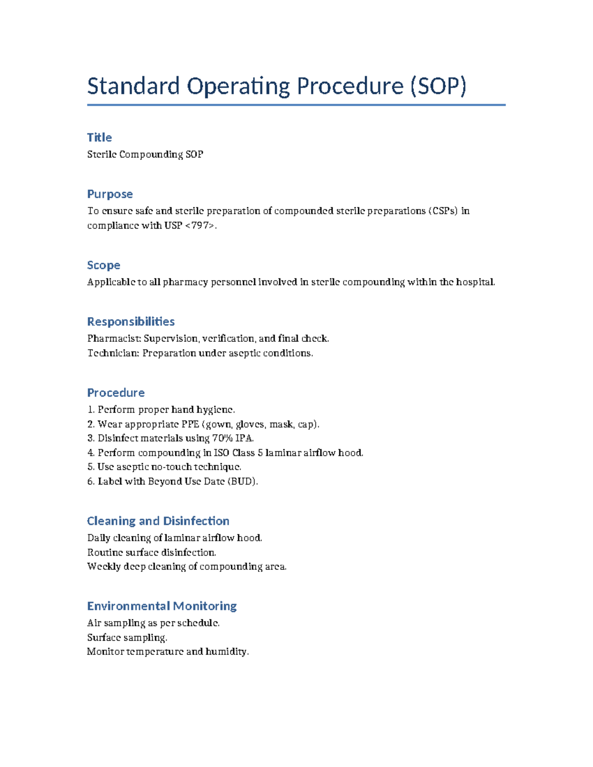 Sterile Compounding SOP Guidelines for Pharmacy Personnel - Studocu