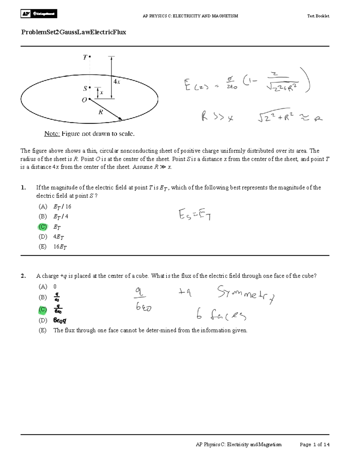 AP PHYSICS C: ELECTRICITY AND MAGNETISM Test Booklet Problem Set 2 ...